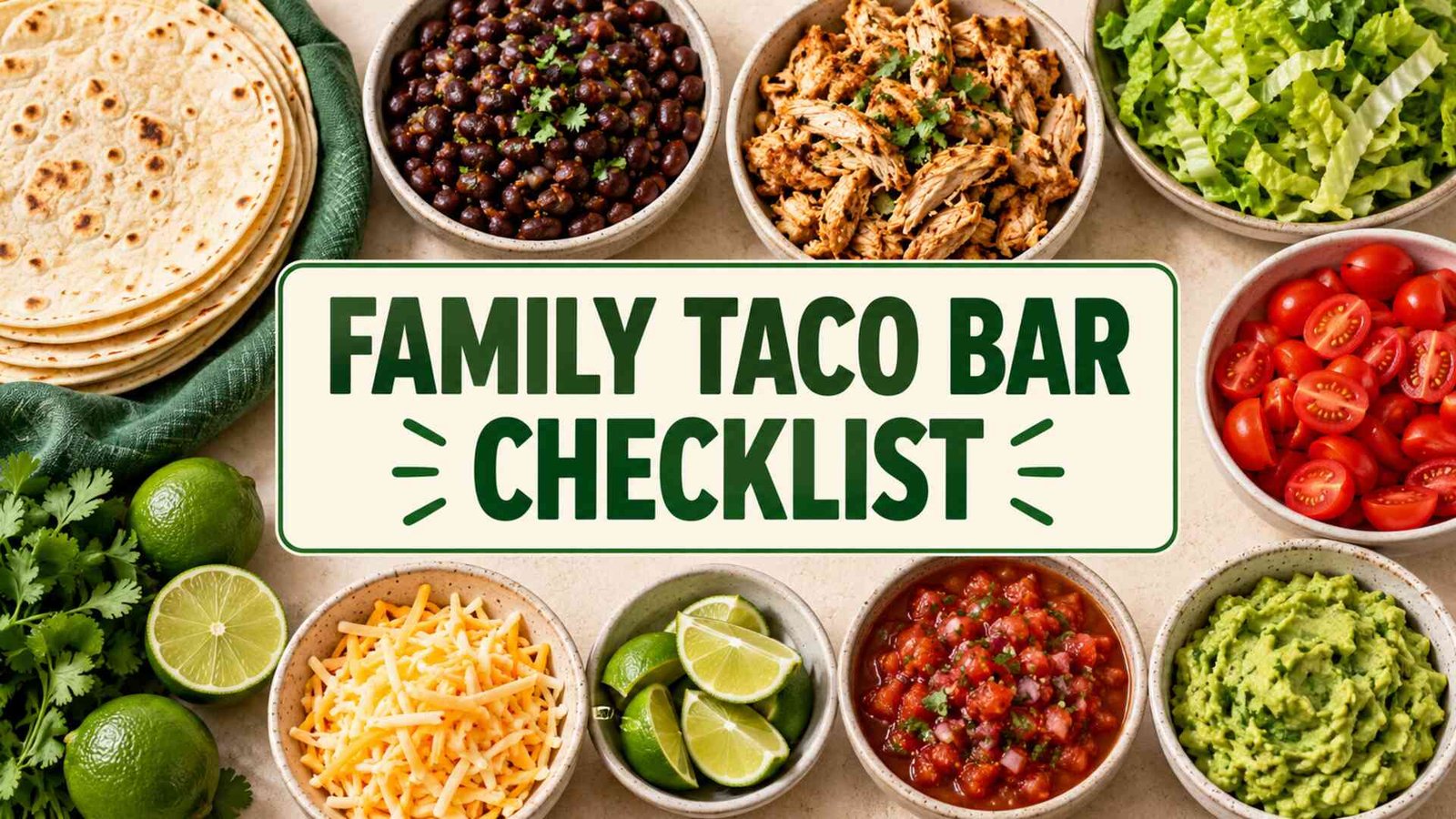 Family taco bar checklist with tortillas, beans, chicken, vegetables, salsa and avocado