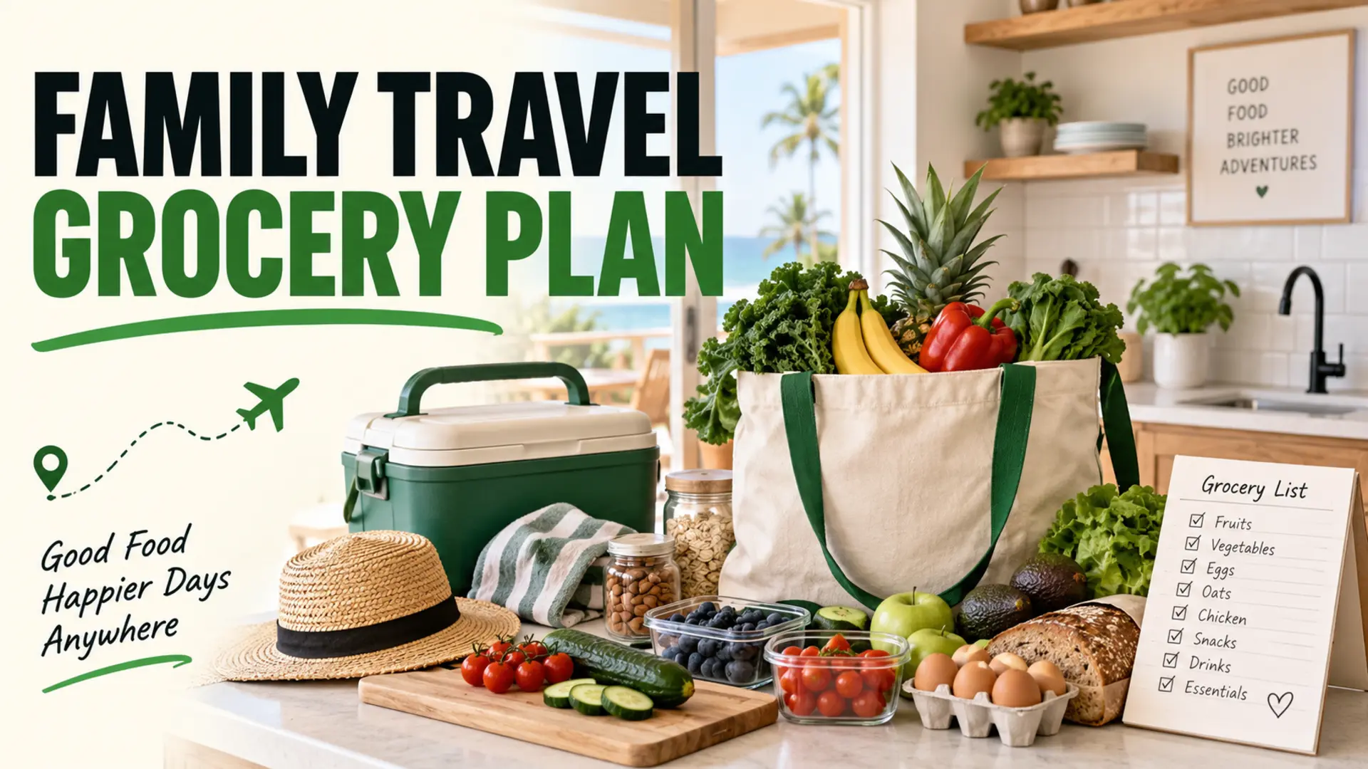 Family travel grocery plan with a cooler, reusable bag, produce and a simple list