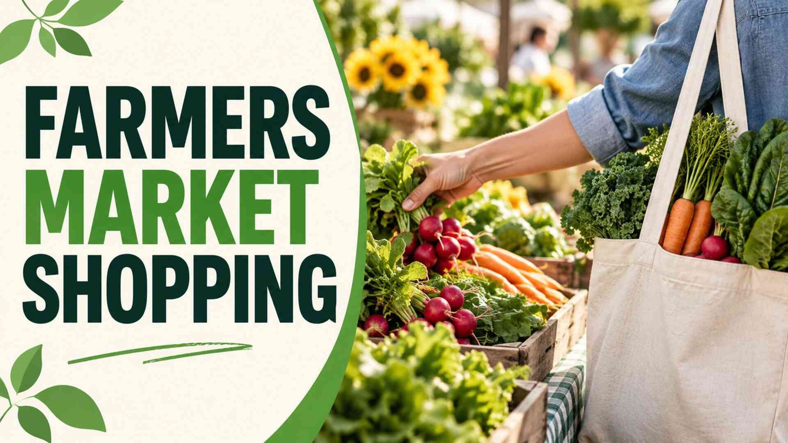 Farmers market shopping with seasonal produce and a reusable tote