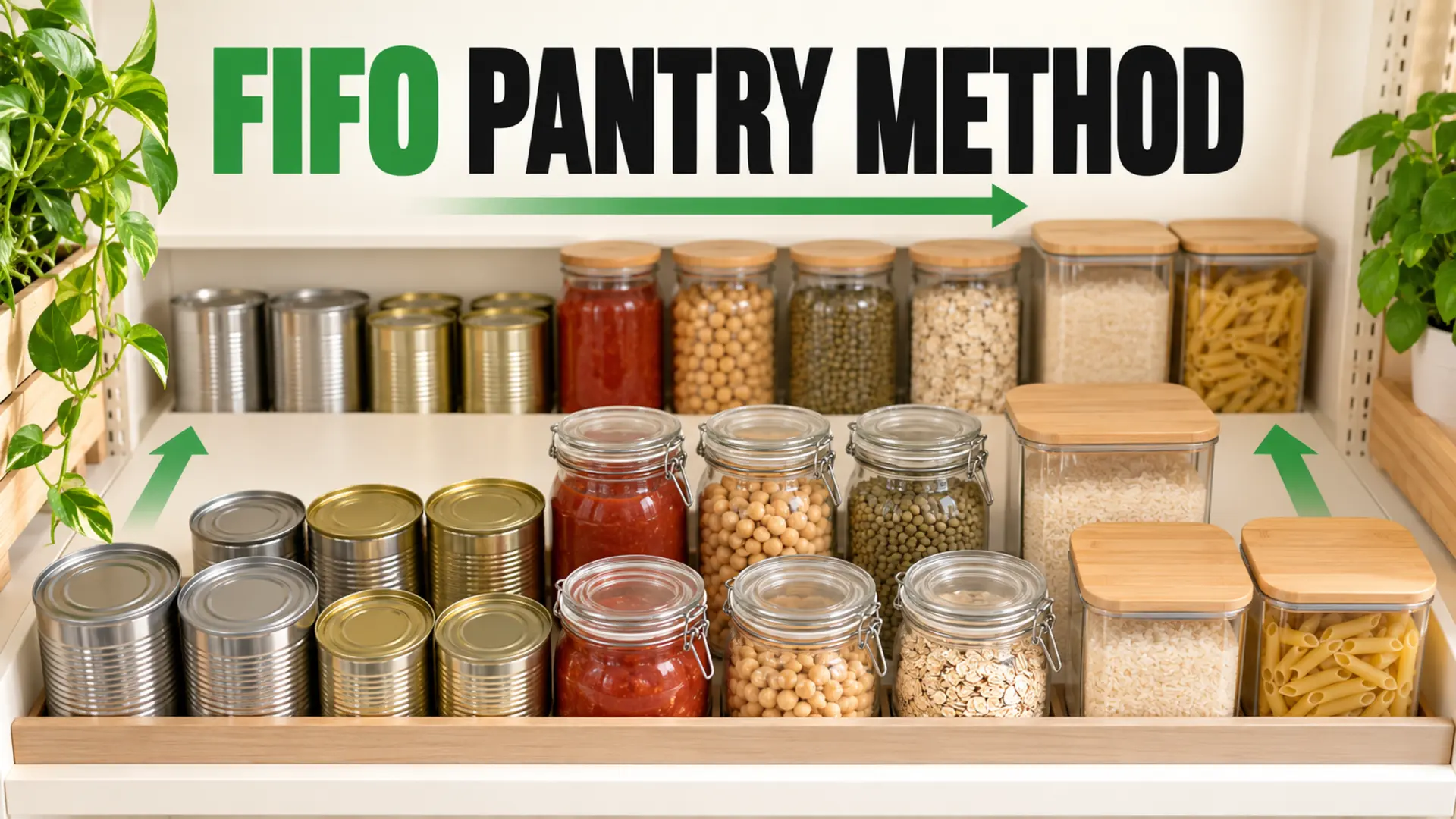 FIFO pantry method with older cans and jars placed ahead of newer groceries