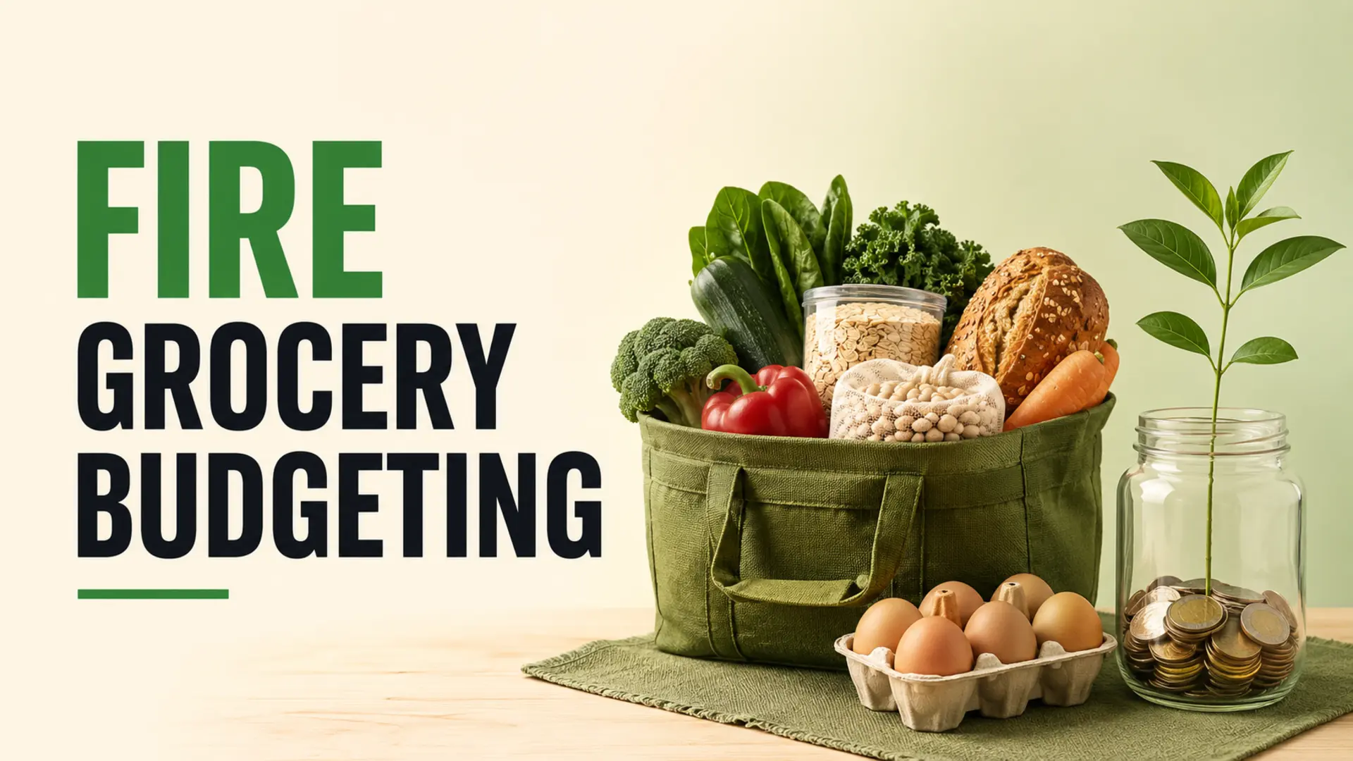 FIRE grocery budgeting represented by a healthy grocery basket beside a savings jar with coins and a small growing plant