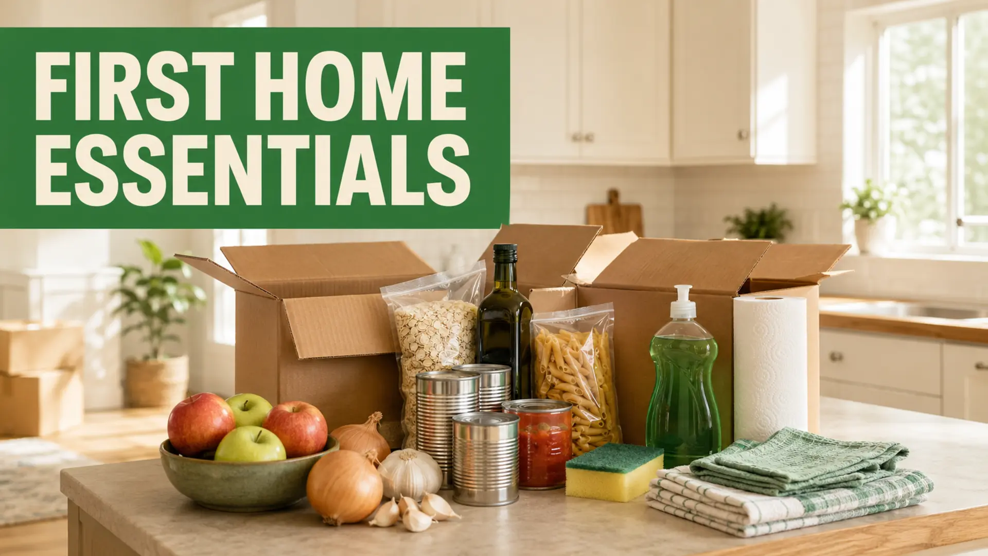 First home essentials checklist with pantry food, cleaning supplies, and unpacking boxes