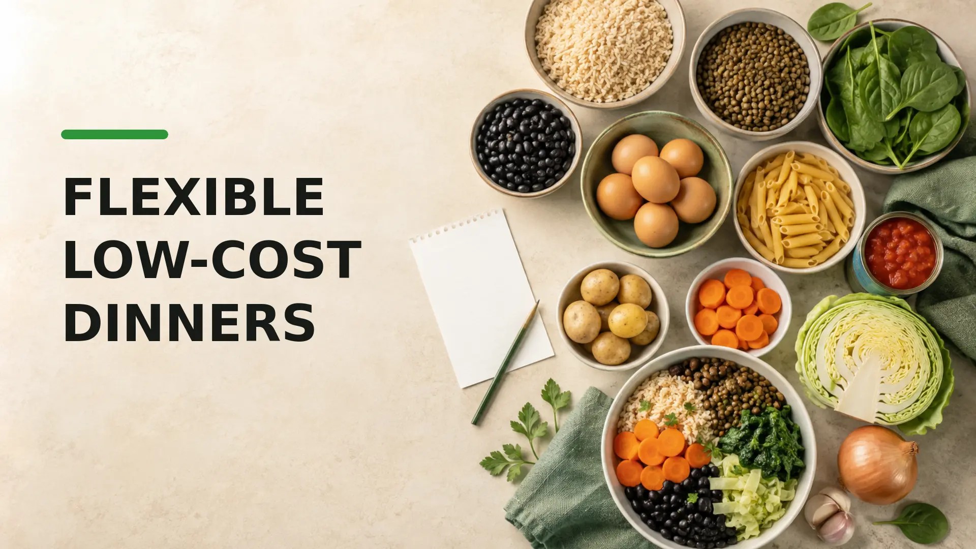 $5 dinner blueprint with rice, lentils, beans, eggs, pasta, potatoes and vegetables arranged for flexible low-cost meals