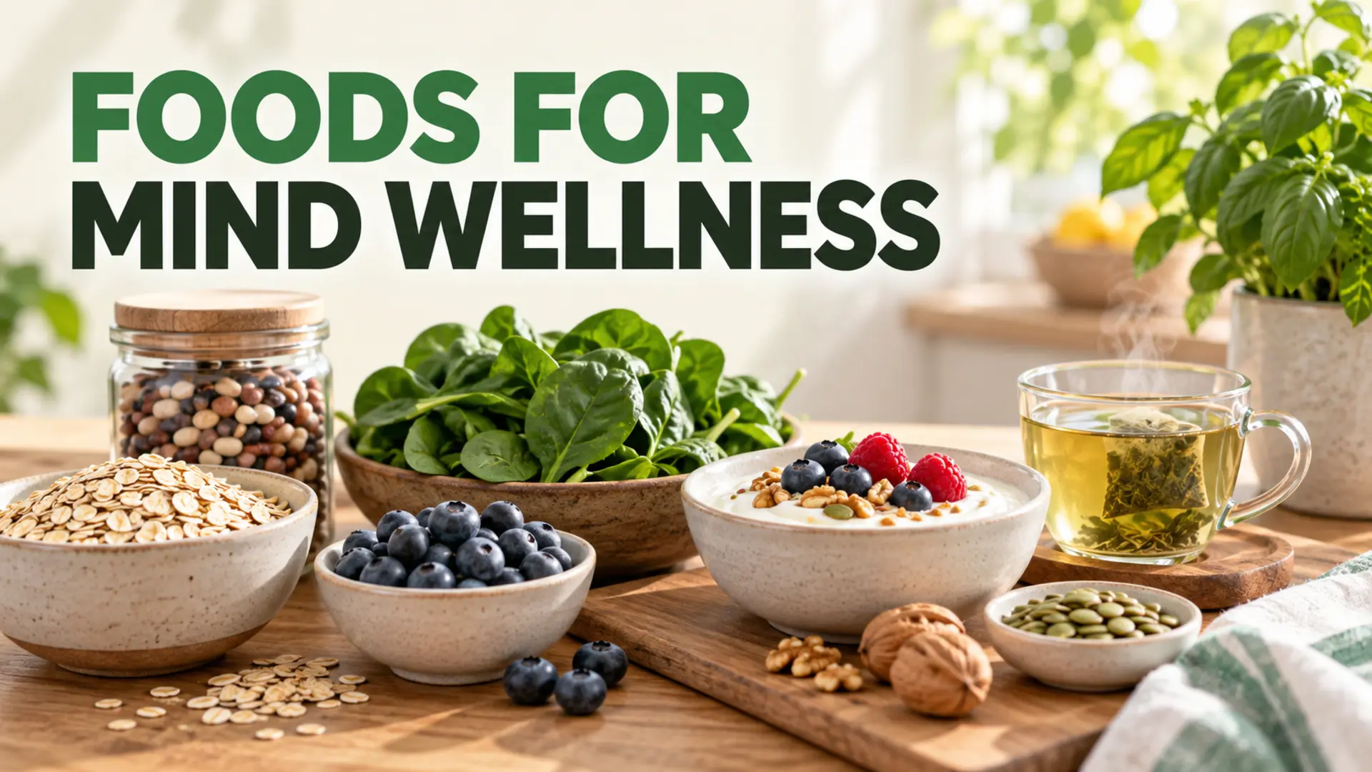 Foods for mind wellness with oats, beans, greens, berries, yogurt and tea