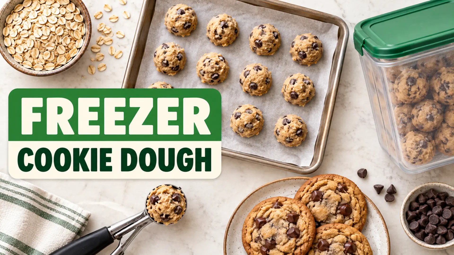 Freezer cookie dough portions arranged on a baking sheet with oats and baked cookies