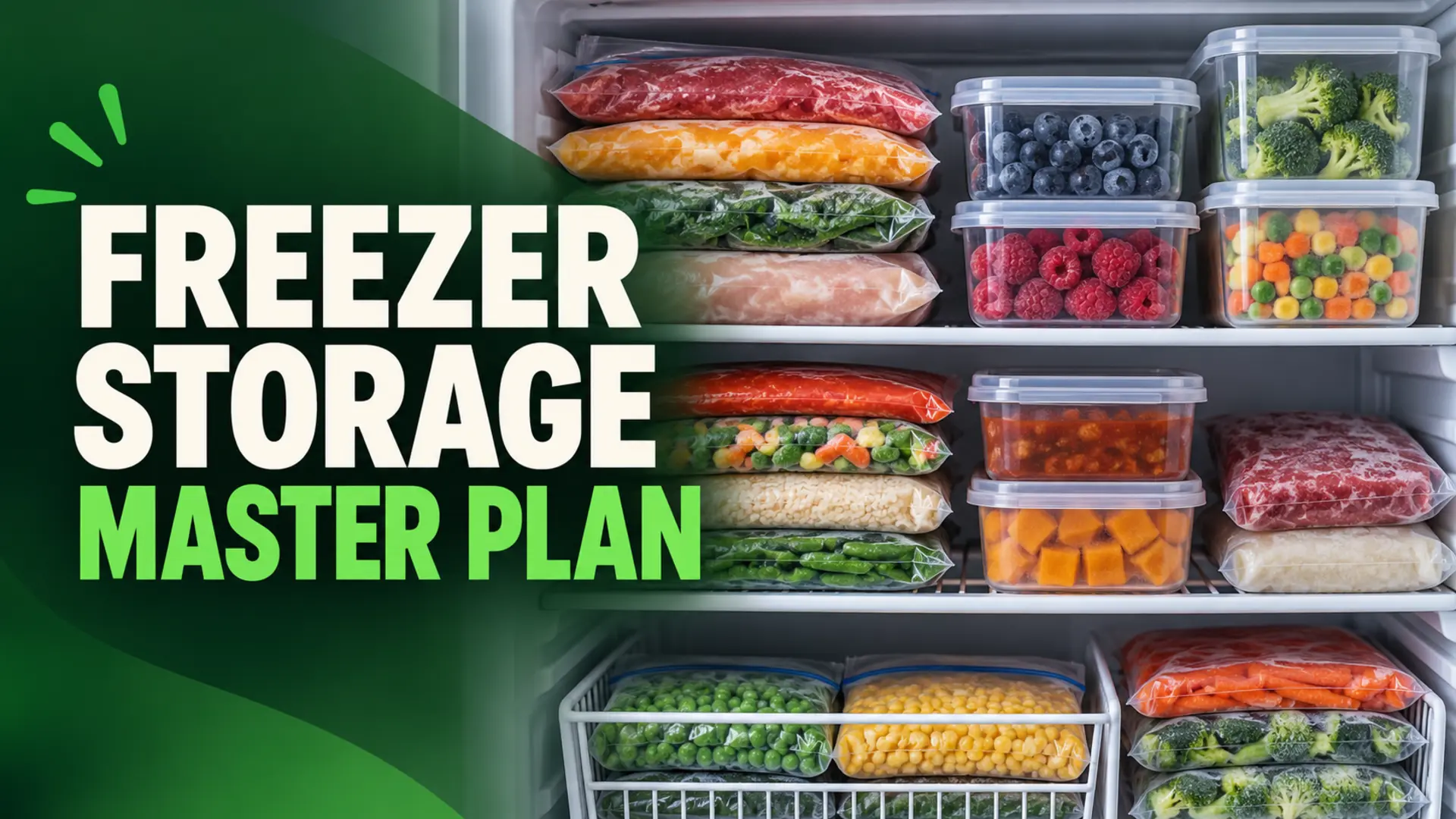 Freezer storage master plan with organized vegetables, fruit, meat and meal containers