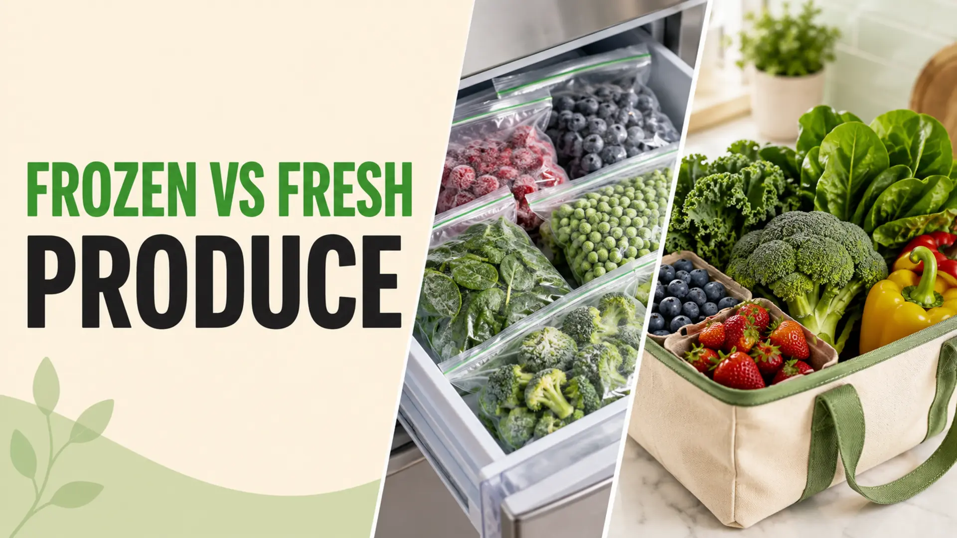 Frozen vs fresh produce compared with berries, peas, spinach, broccoli and peppers