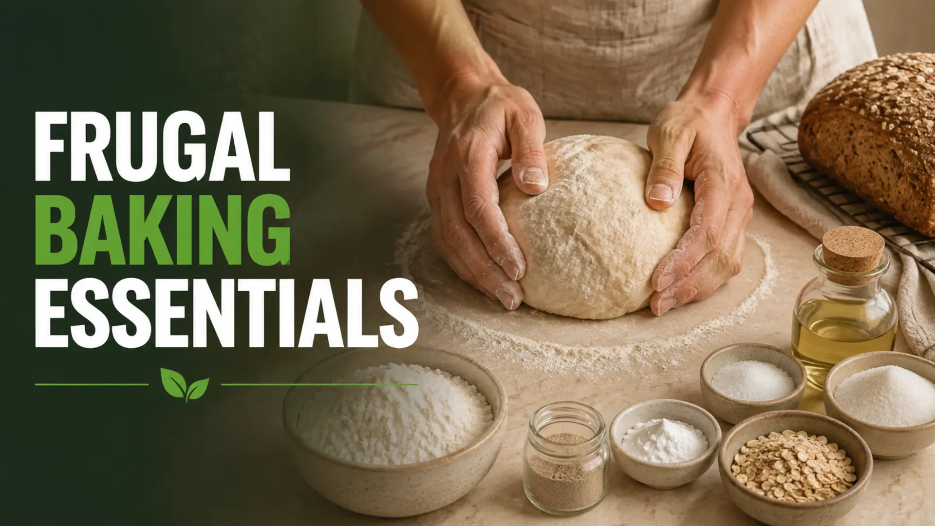 Frugal baking essentials with bread dough, flour, yeast, leaveners, oats, sugar, salt and cooking oil
