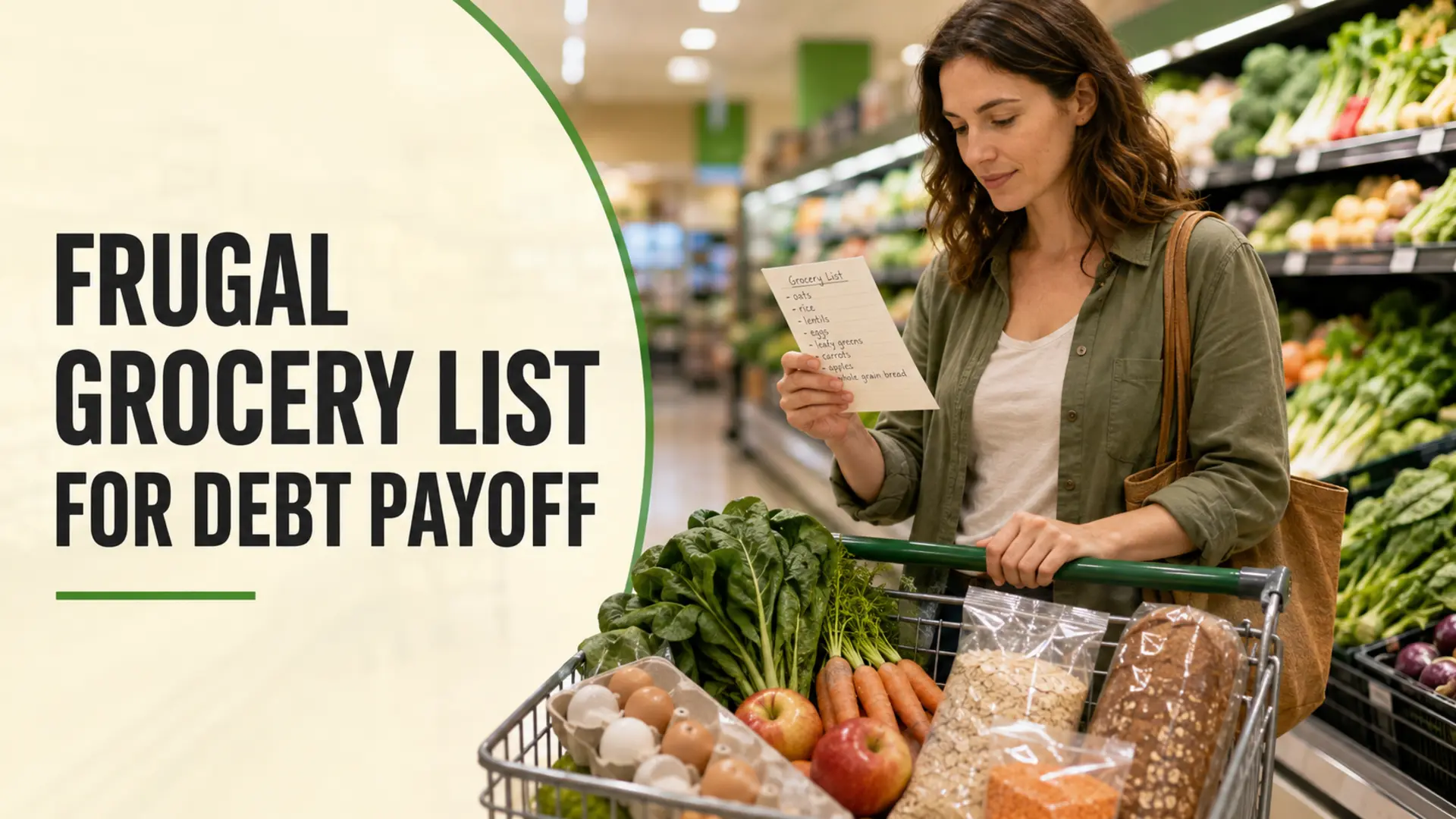Frugal grocery list for debt payoff with a shopper choosing affordable staples and fresh produce