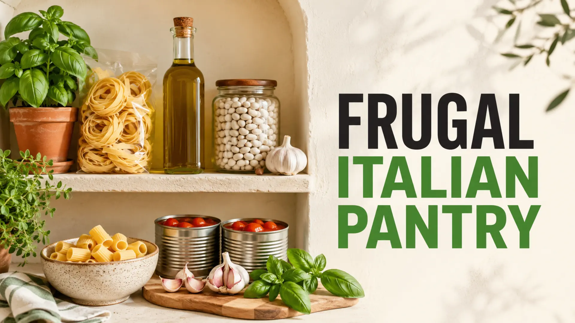 Frugal Italian-inspired pantry stocked with pasta, beans, tomatoes, garlic and basil