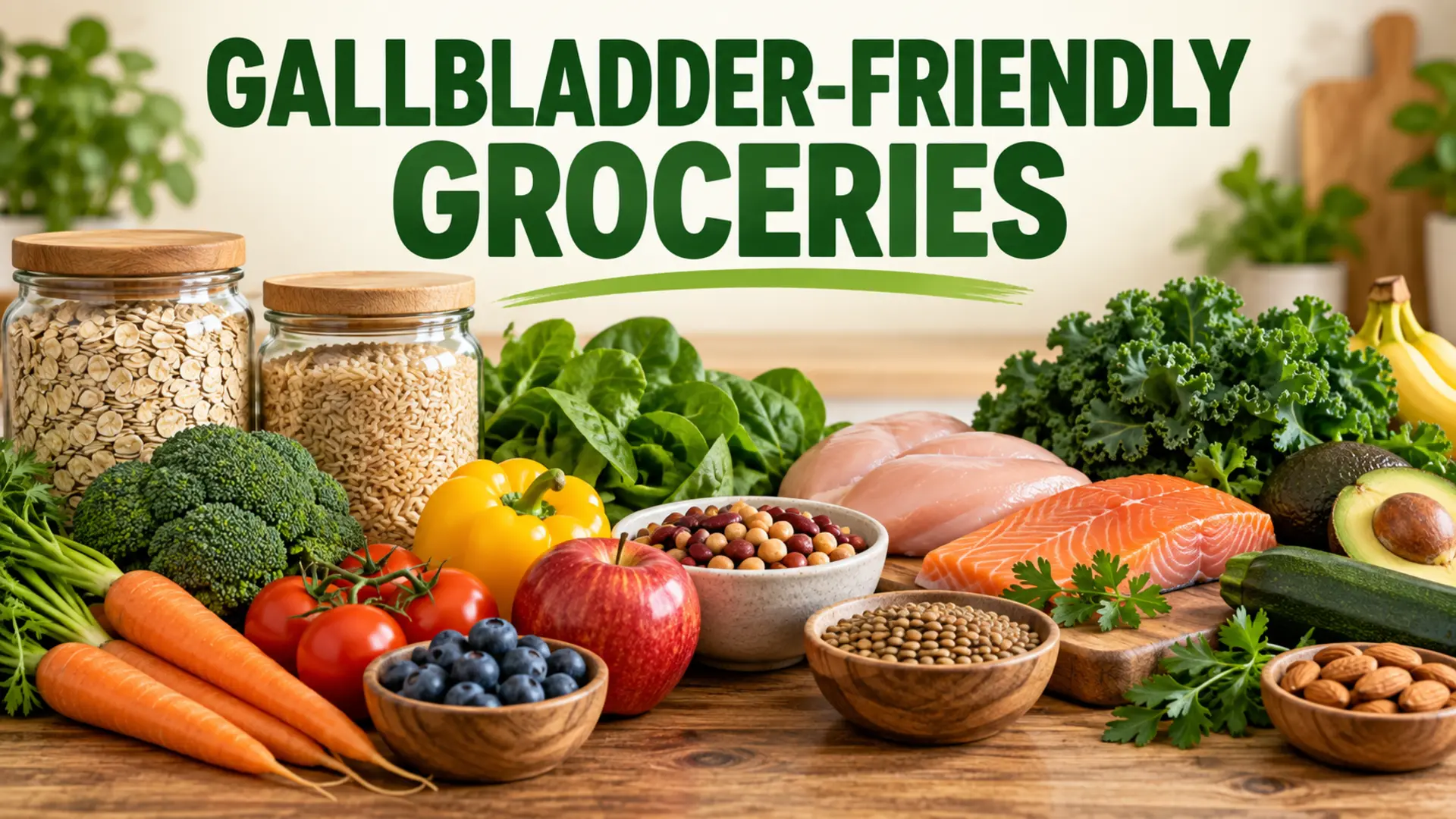 Gallbladder-friendly groceries with grains, produce, beans, fish and poultry