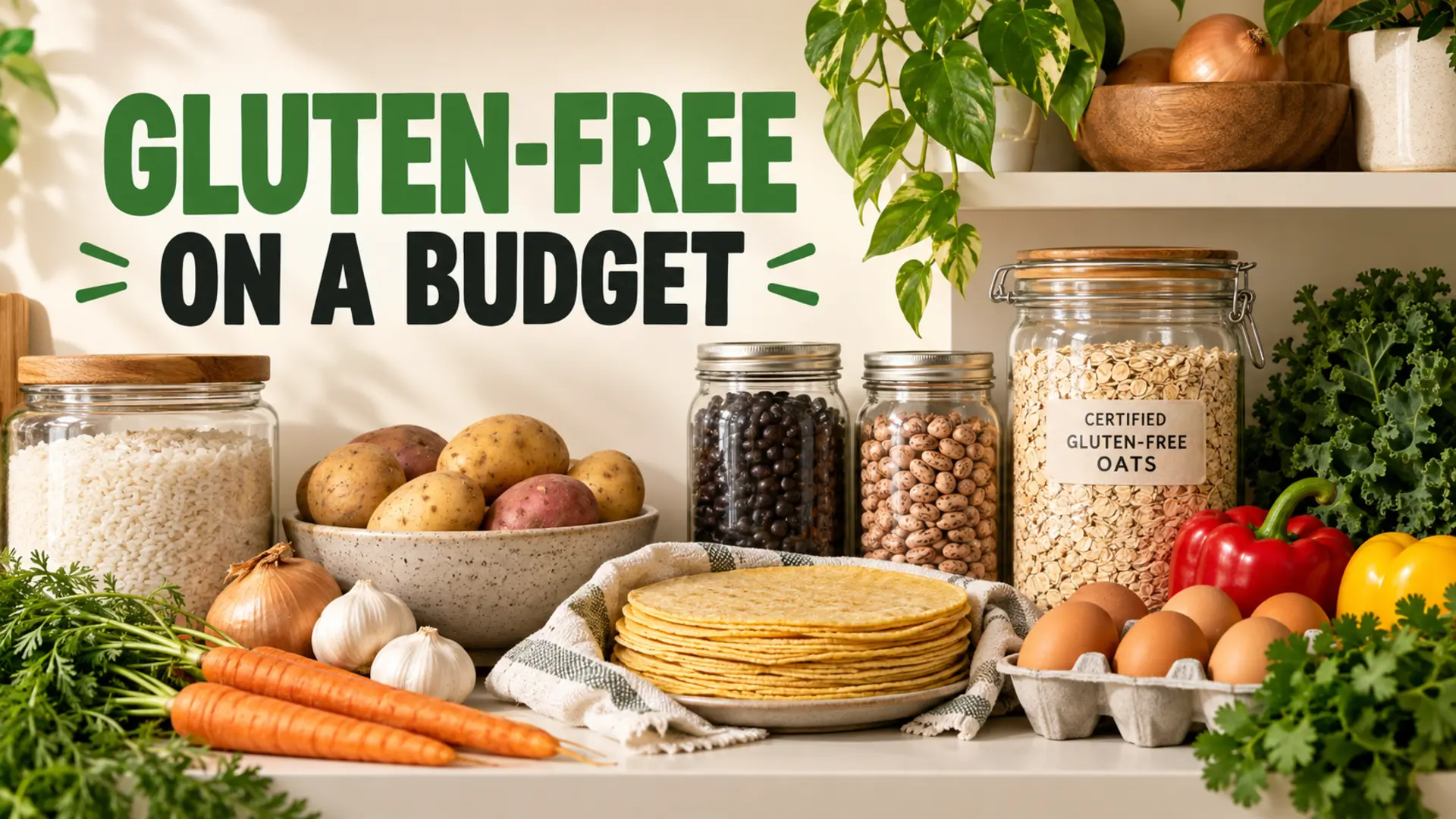 Gluten-free shopping on a budget with rice, beans, potatoes, eggs, vegetables and certified oats
