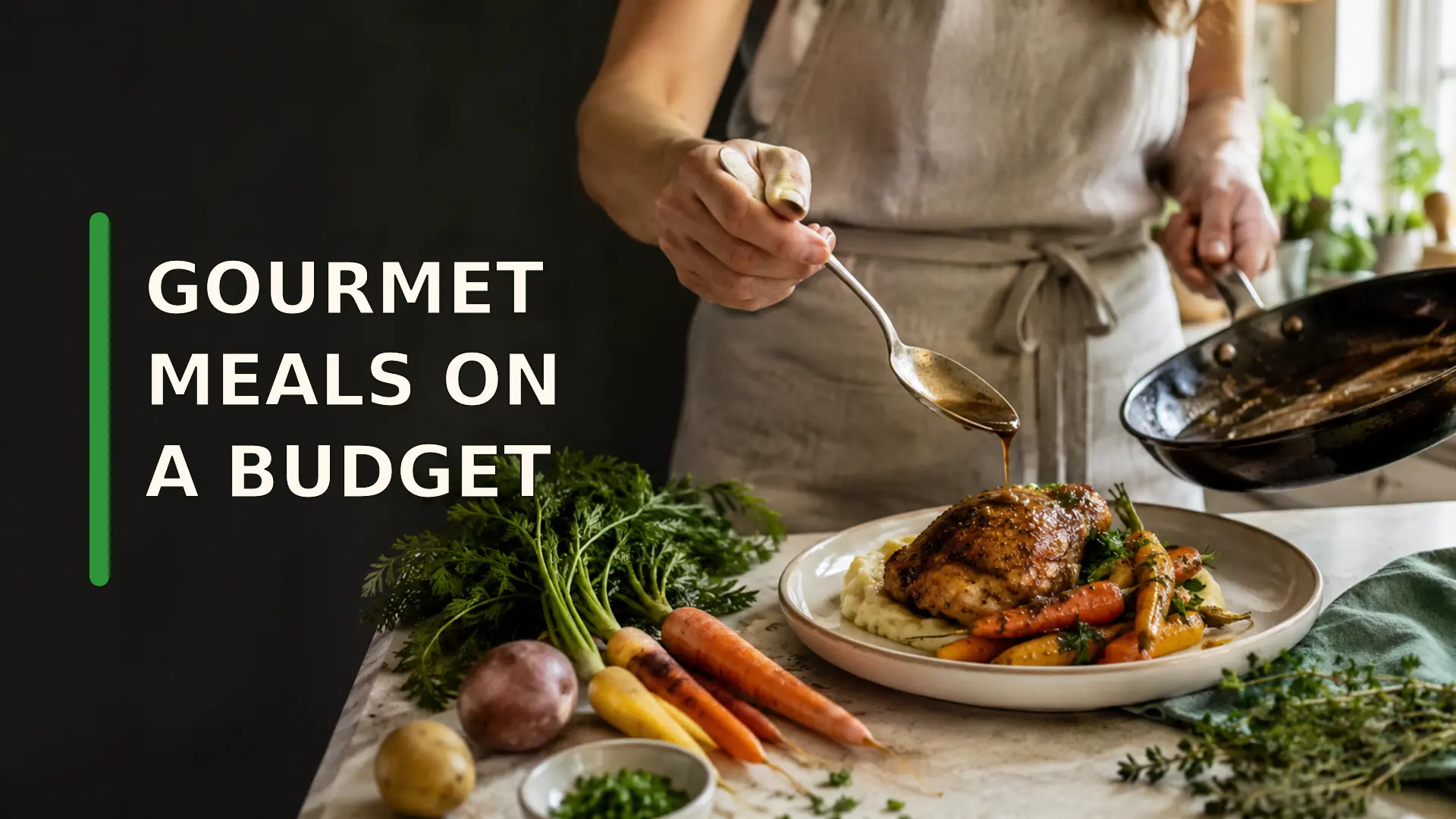Gourmet meals on a budget with a home cook plating pan-seared chicken, potatoes, carrots and herbs