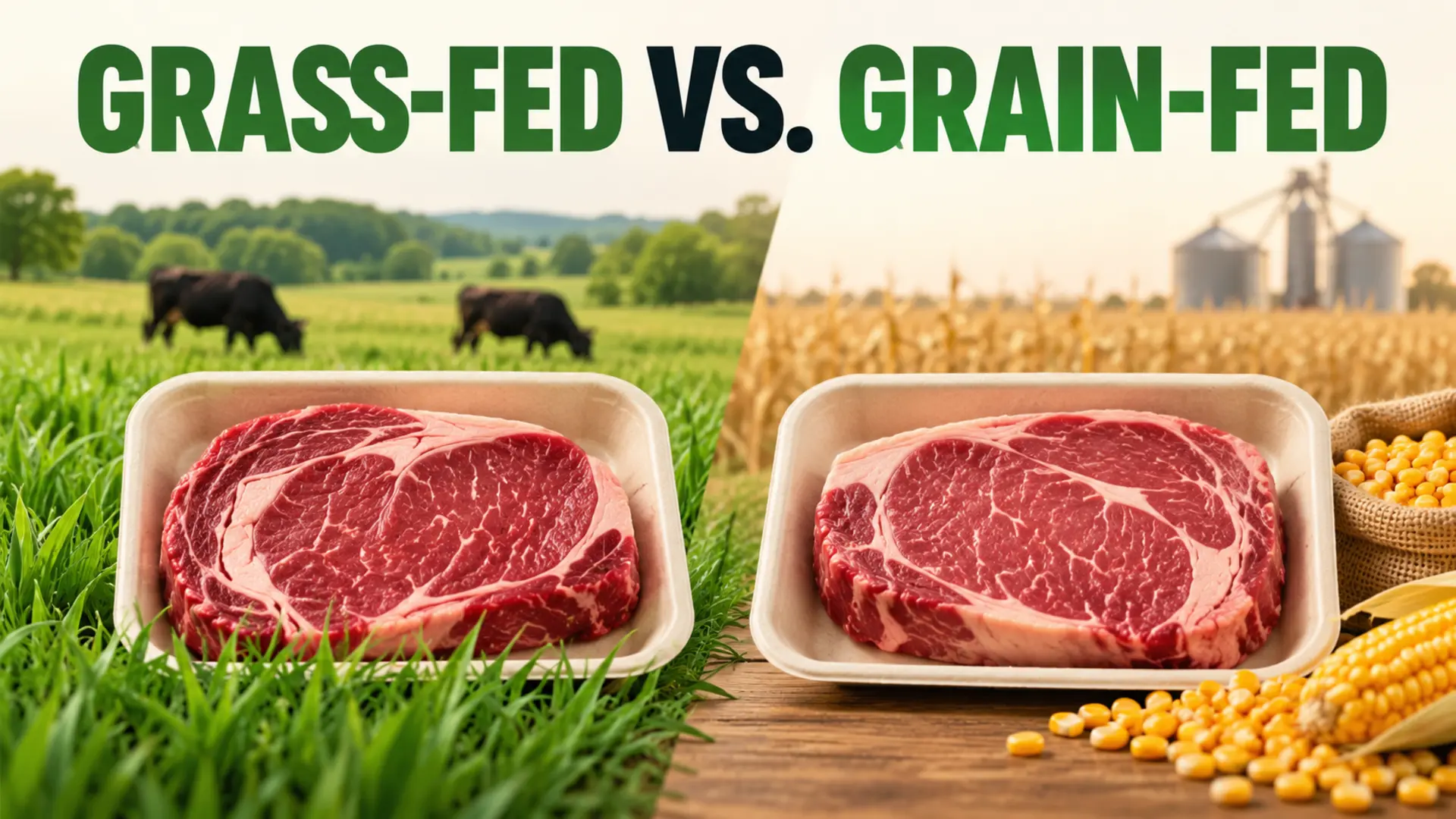 Grass-fed versus grain-fed meat comparison with pasture and grain settings