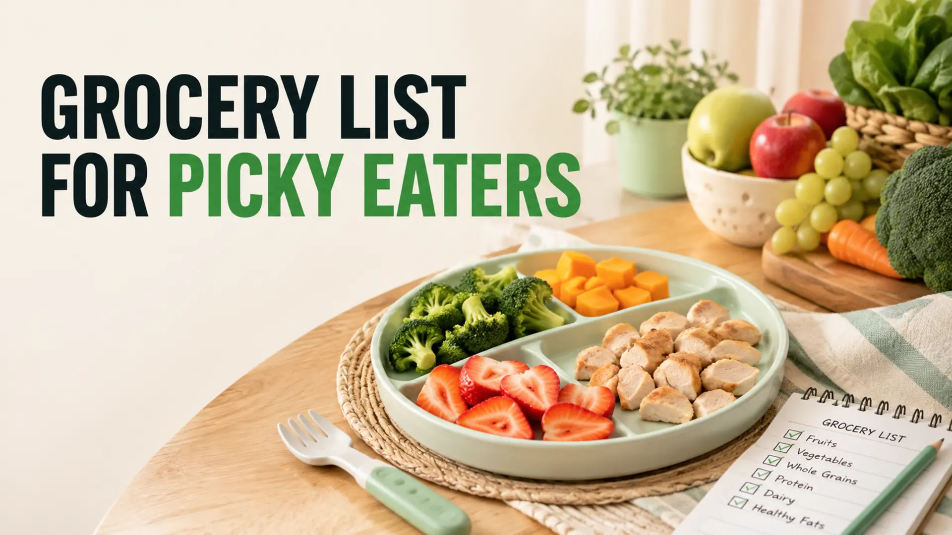 Grocery list for picky eaters with colorful wholesome foods on a divided plate