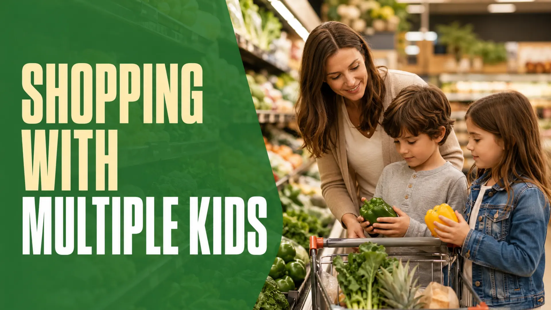 Parent and two children grocery shopping together in a produce aisle