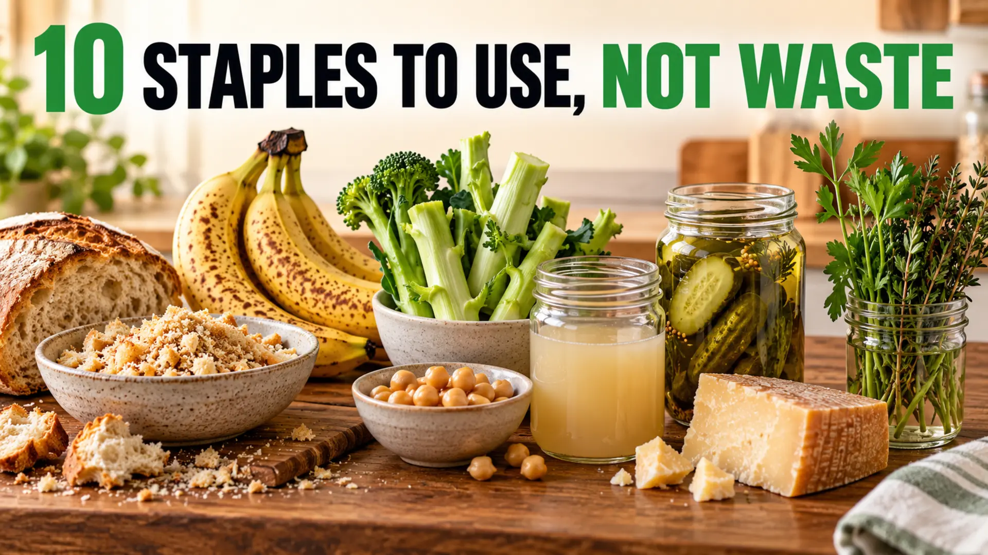 Grocery staples to use instead of waste including bread, bananas, broccoli stems and herbs