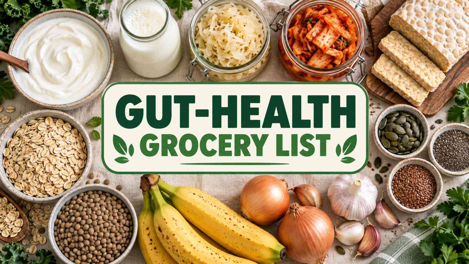 Gut-health grocery list with yogurt, kefir, fermented vegetables, tempeh, oats, lentils and seeds