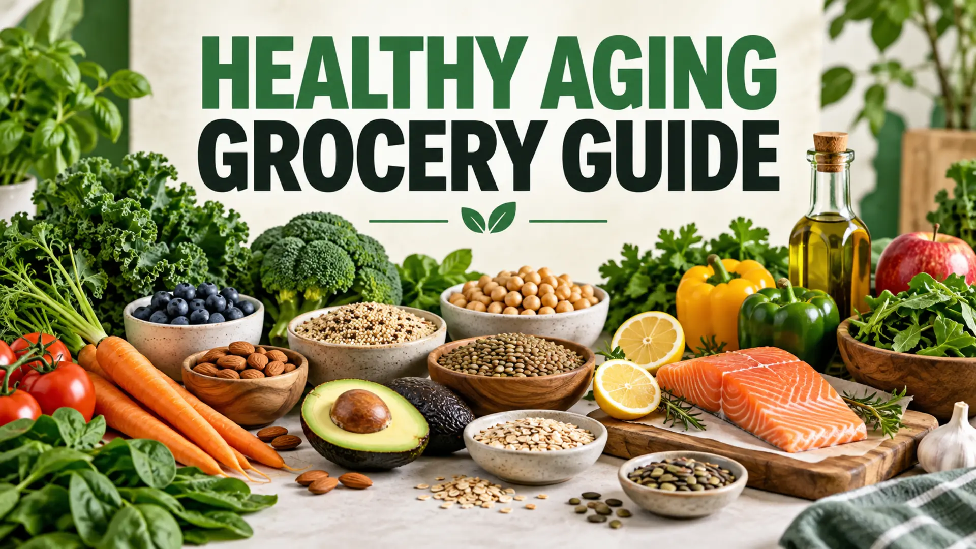 Healthy aging grocery guide with produce, grains, beans, fish and olive oil