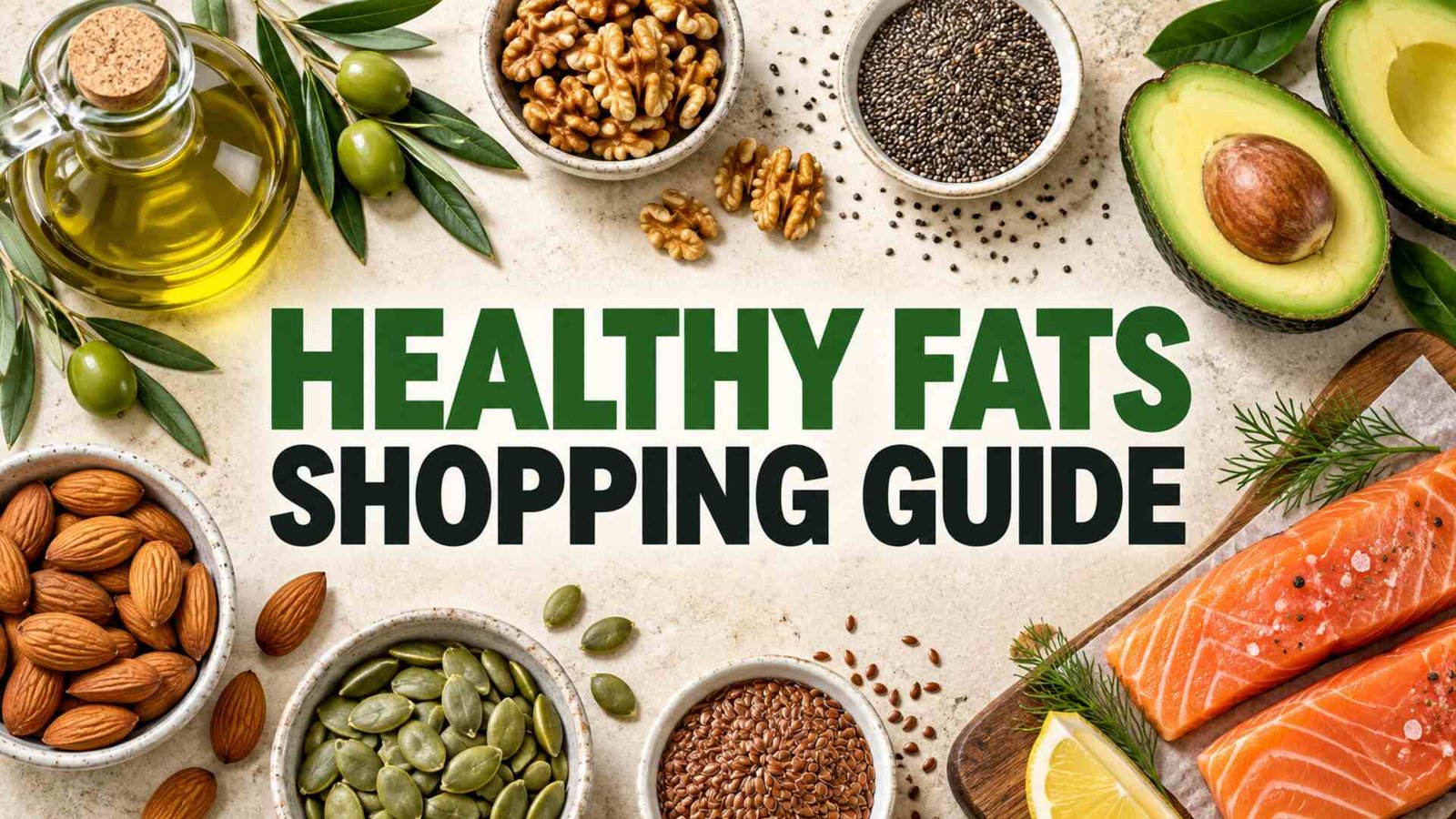 Healthy fats shopping guide with olive oil, avocado, nuts, seeds and salmon