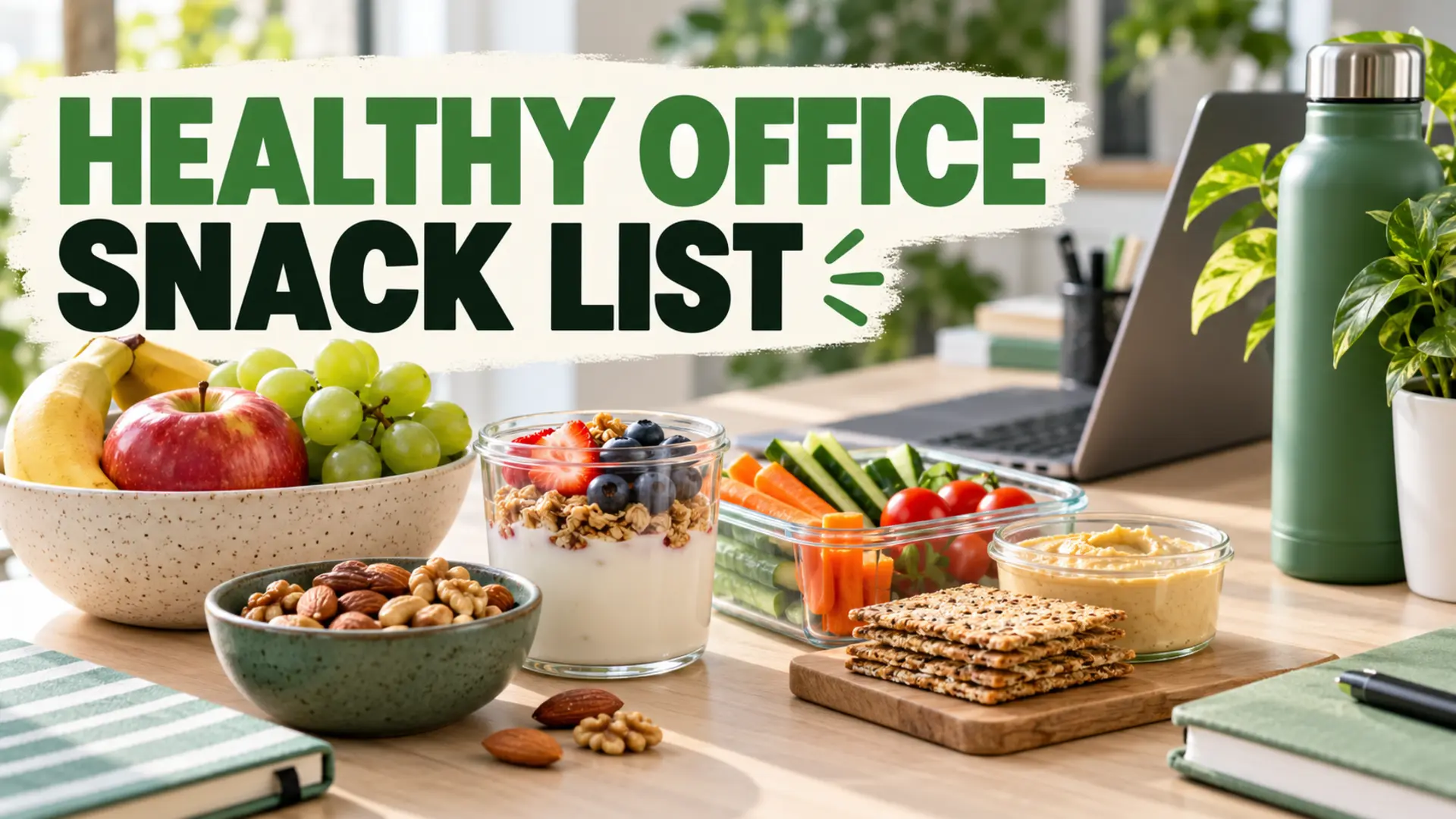 Healthy office snack list with fruit, yogurt, vegetables, crackers and nuts