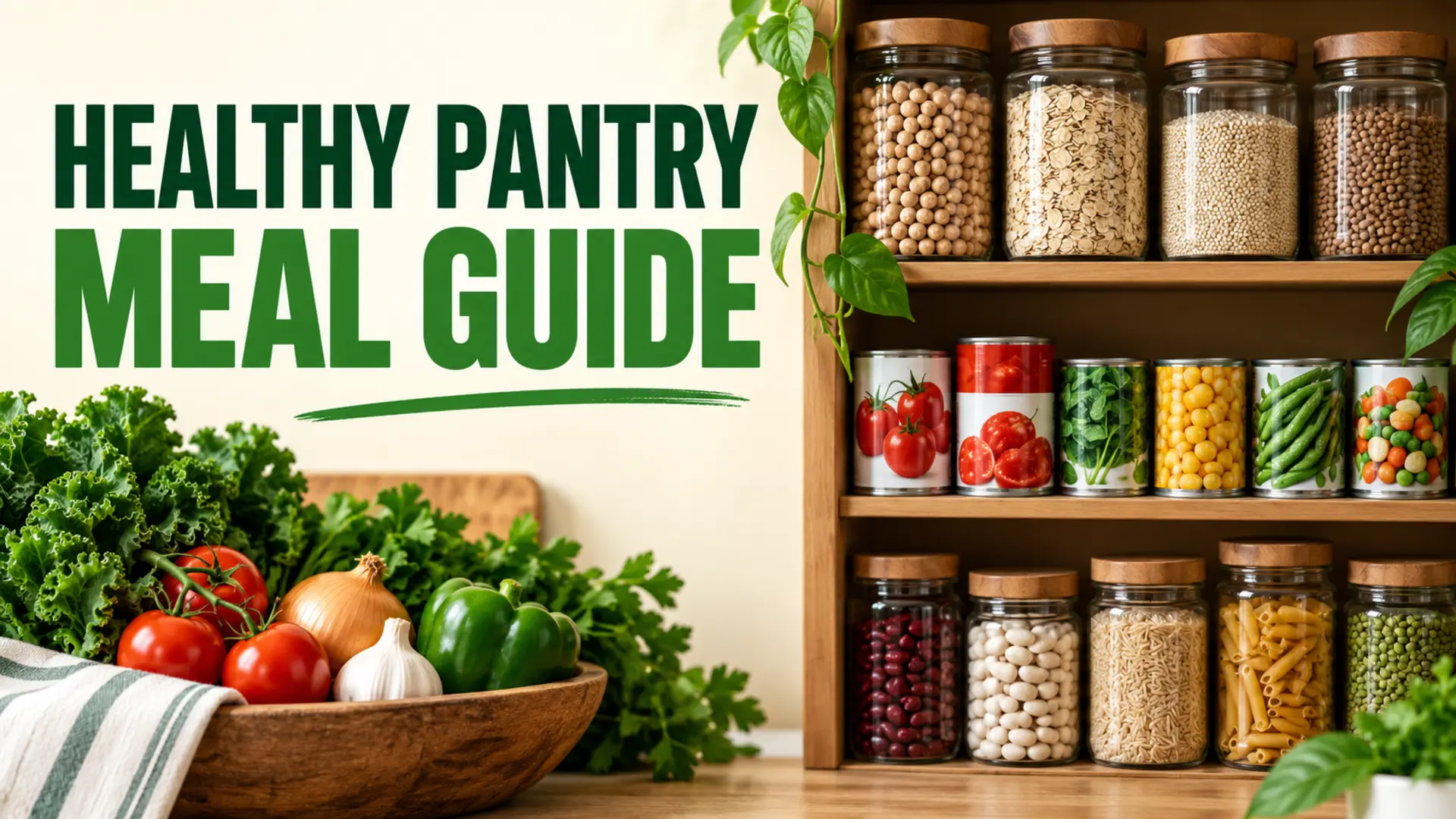 Healthy pantry meal guide with beans, grains, canned vegetables and fresh produce