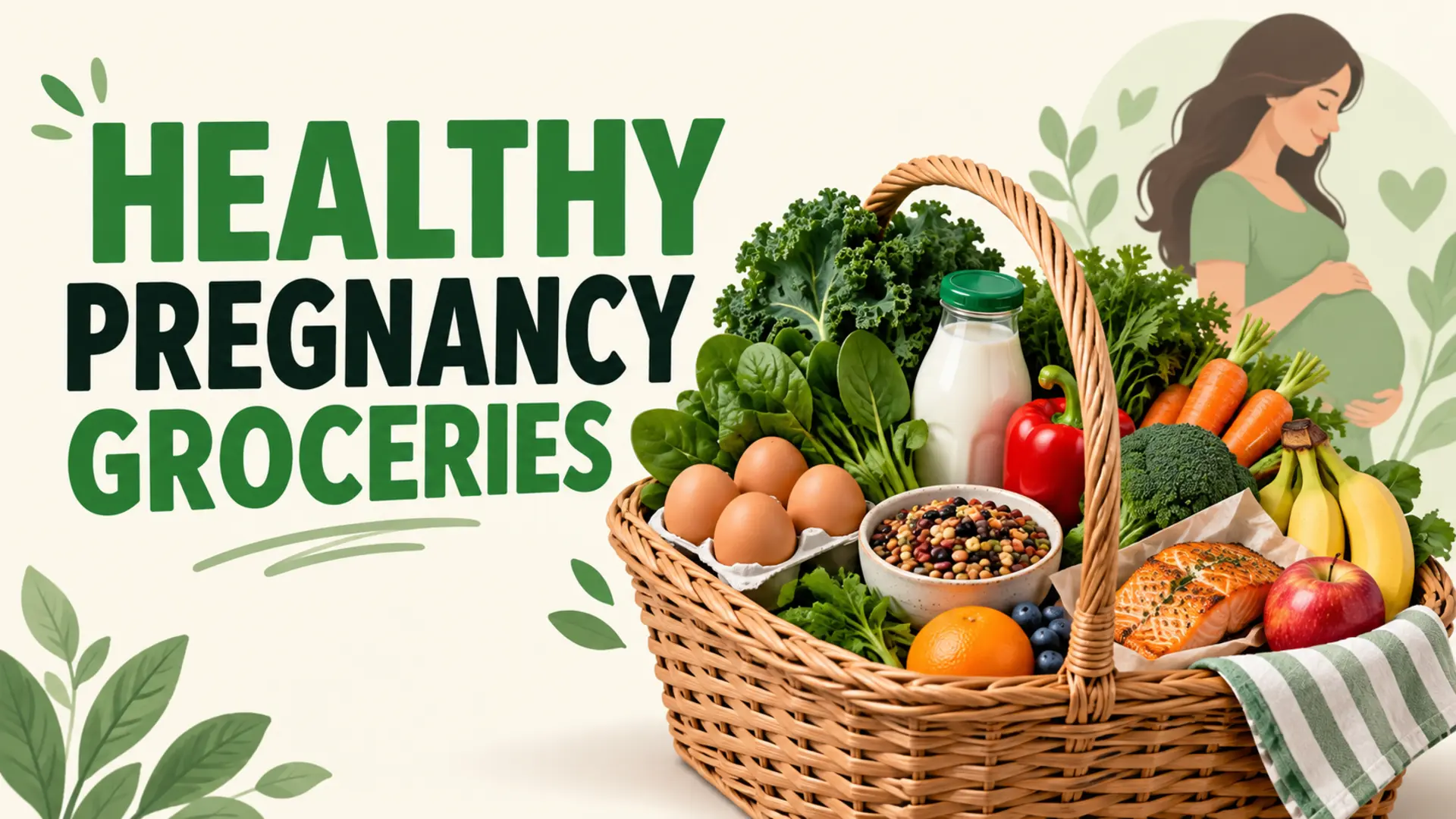 Healthy pregnancy grocery shopping basket with vegetables, eggs, beans, dairy, fruit and cooked fish