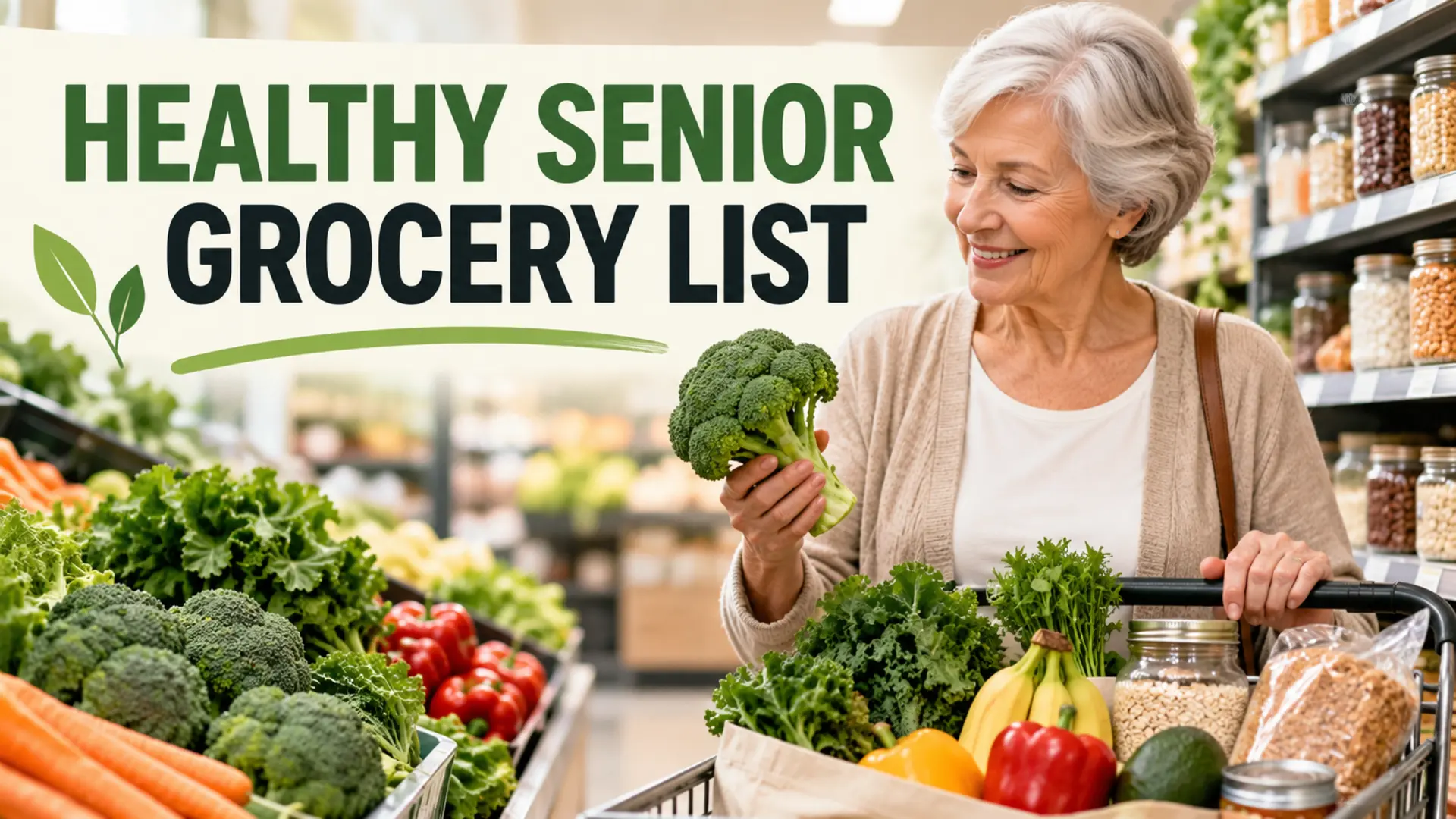 Healthy senior grocery list with easy-prep vegetables, grains and protein foods