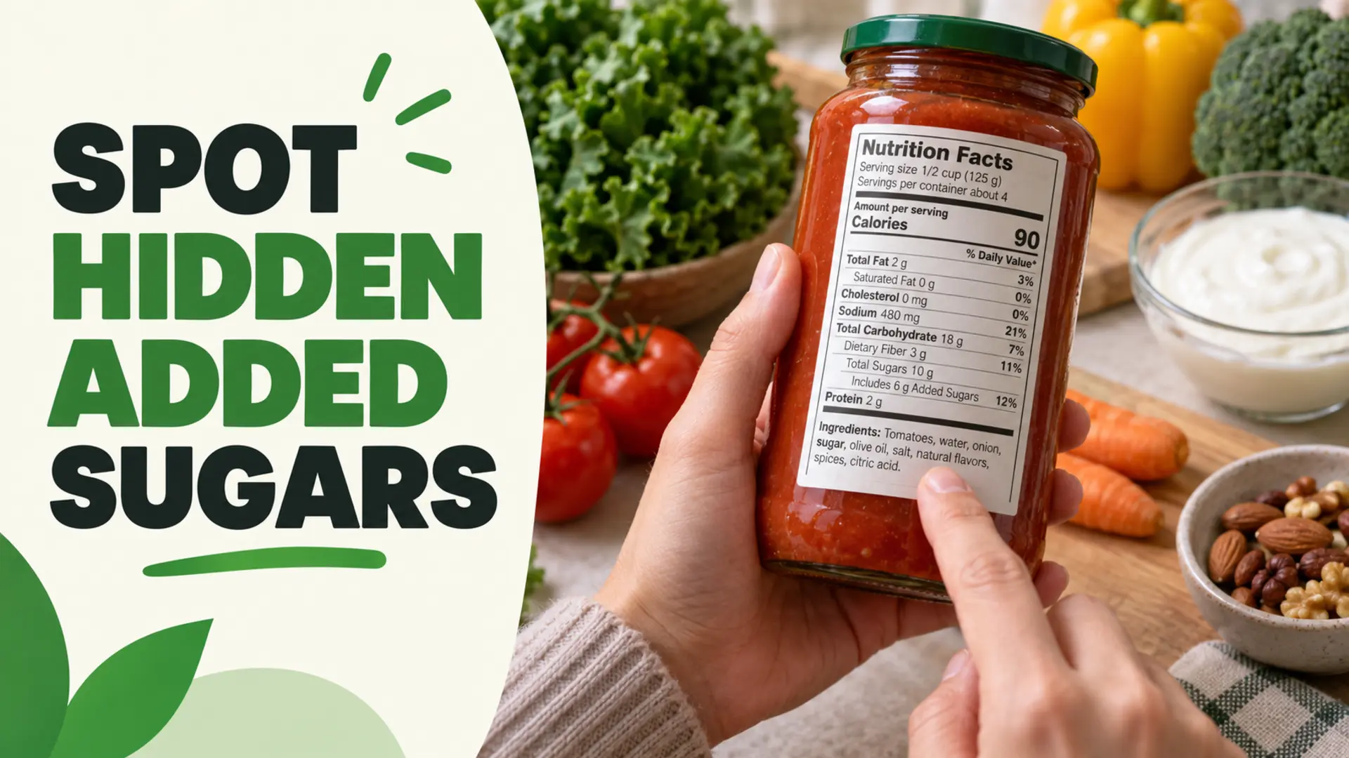 Spot hidden added sugars by comparing a food label with vegetables, plain yogurt, nuts and tomato sauce
