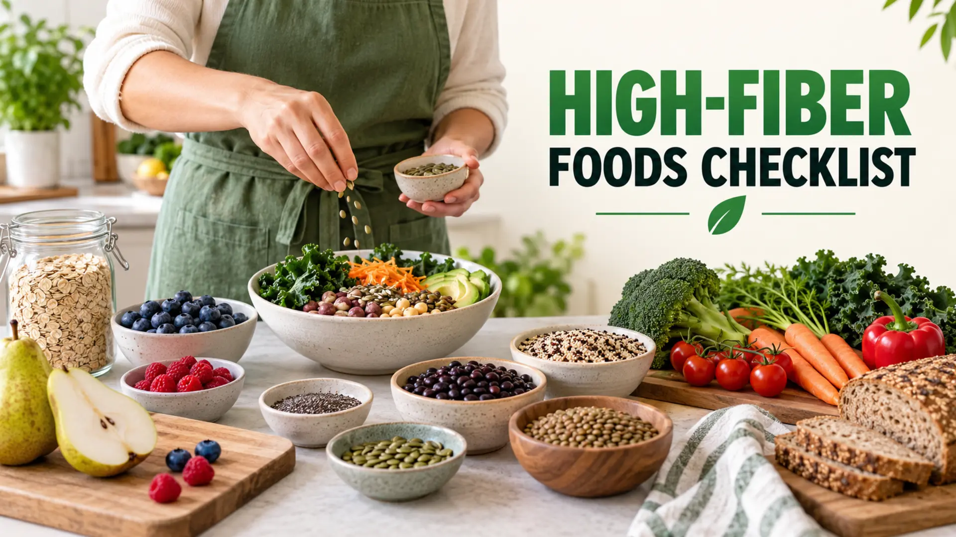 High-fiber foods checklist with oats, beans, lentils, berries, pears, vegetables, seeds and whole-grain bread
