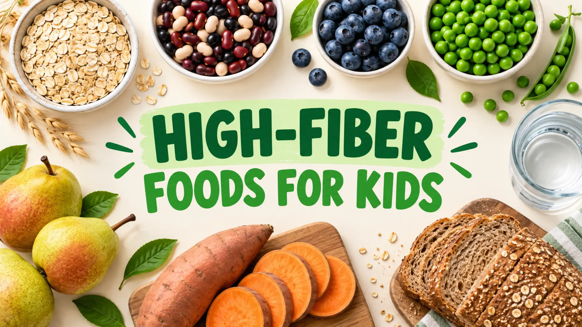 High-fiber foods for kids including oats, beans, berries, peas, pears and sweet potato