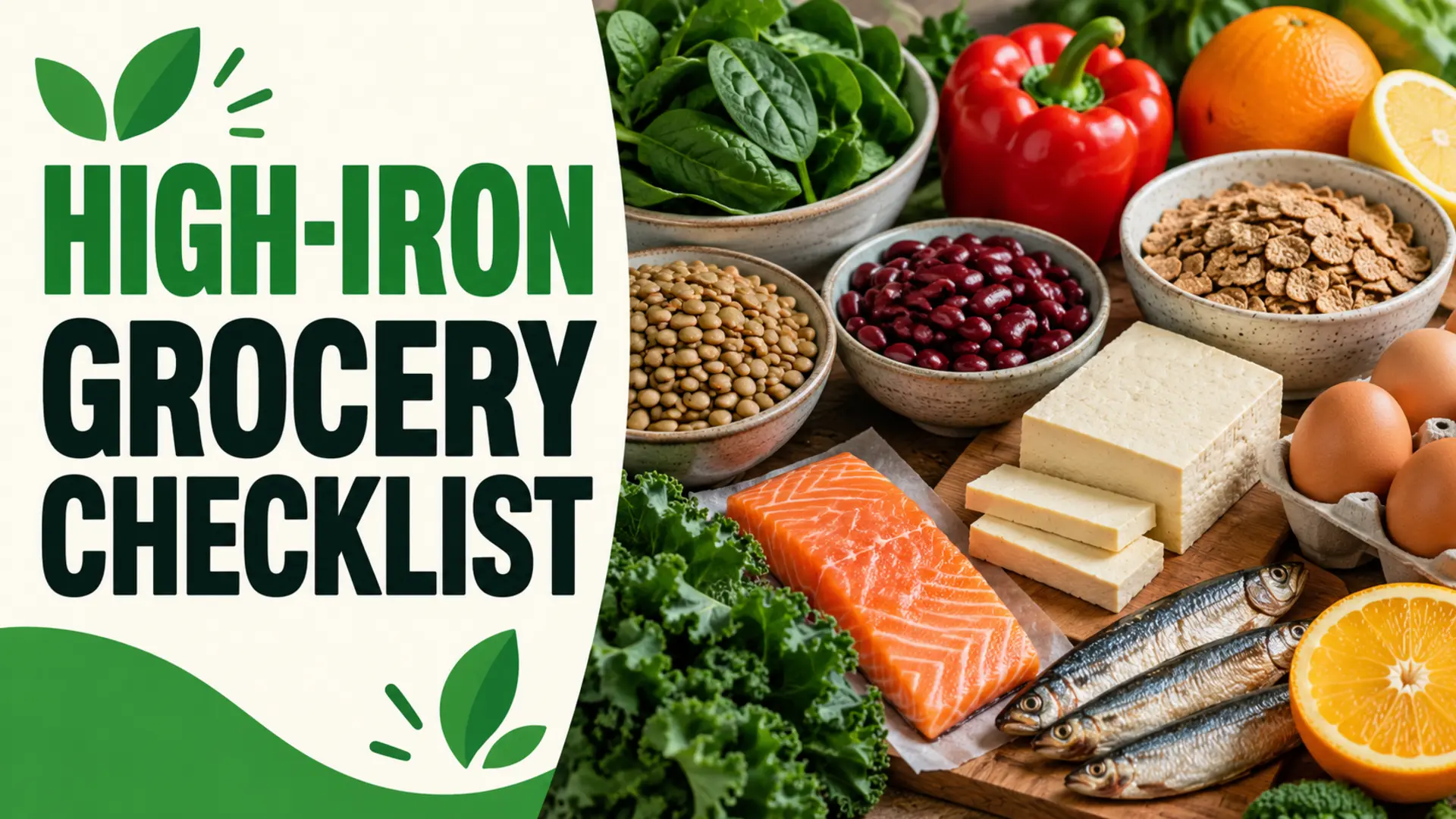 High-iron grocery checklist with lentils, beans, tofu, eggs, fish, greens and citrus
