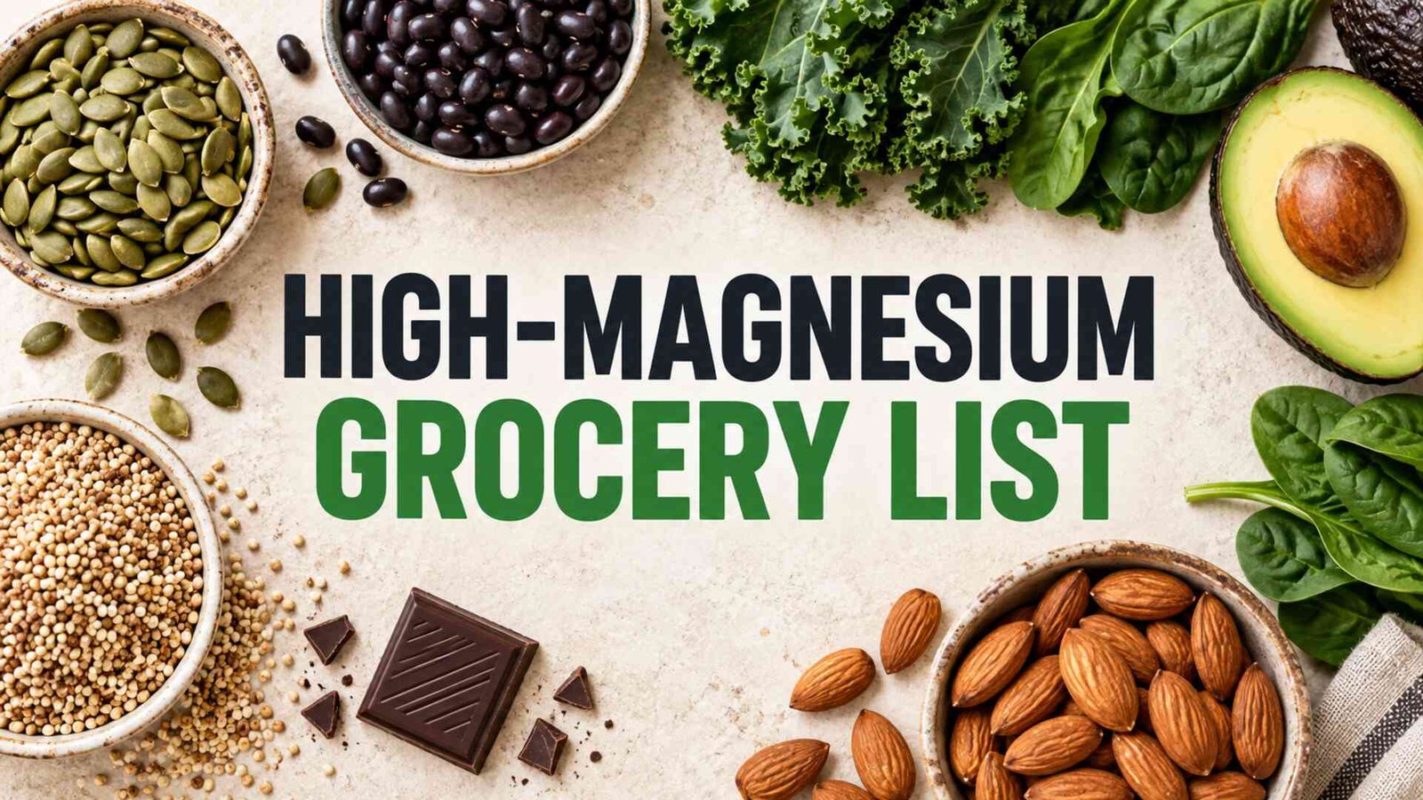High-magnesium grocery list with pumpkin seeds, beans, greens, avocado and almonds