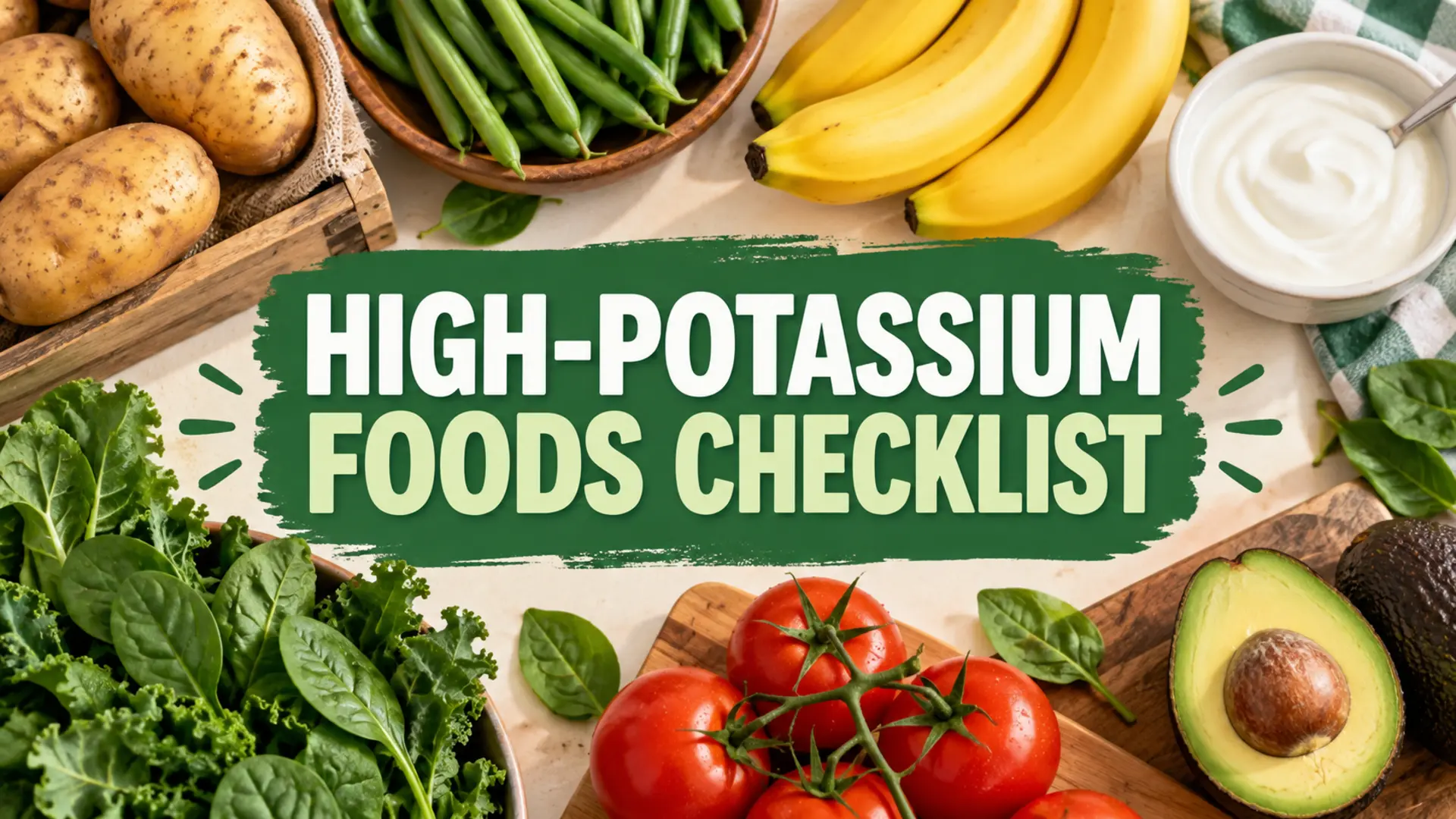 High-potassium foods checklist with potatoes, beans, bananas, yogurt, greens and avocado