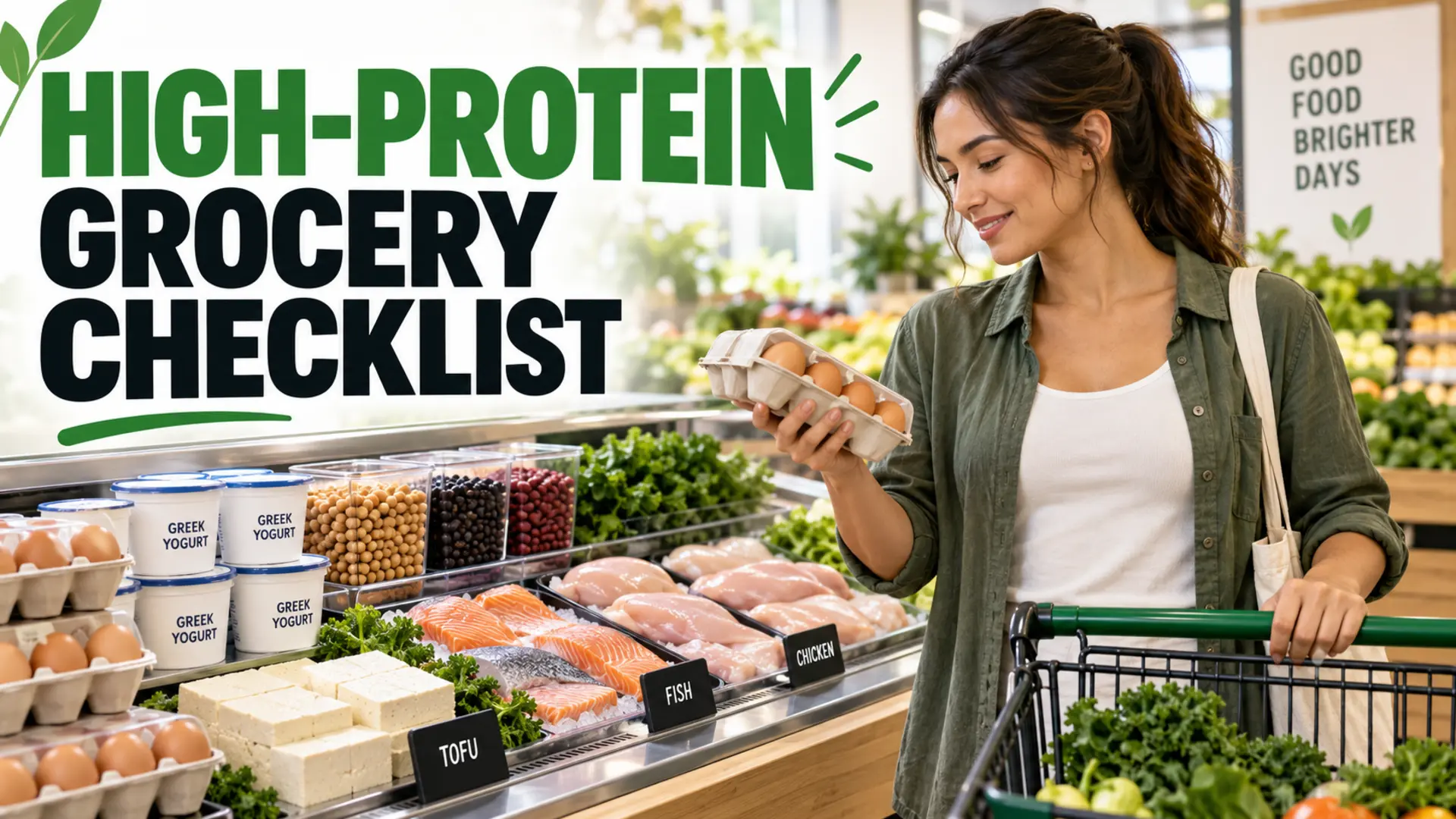 High-protein grocery checklist with eggs, yogurt, beans, tofu, fish, chicken and leafy vegetables
