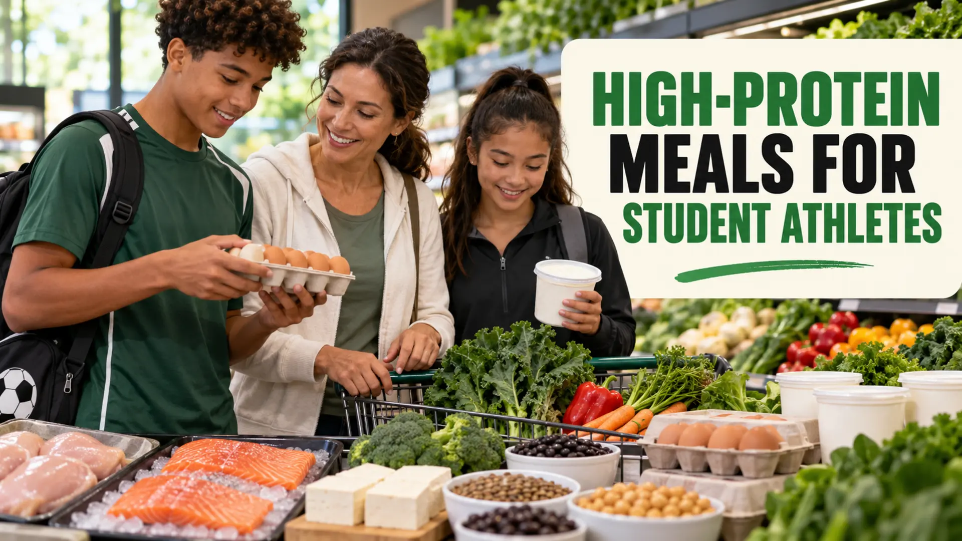 High-protein meals for student athletes with eggs, yogurt, beans, fish, chicken and vegetables