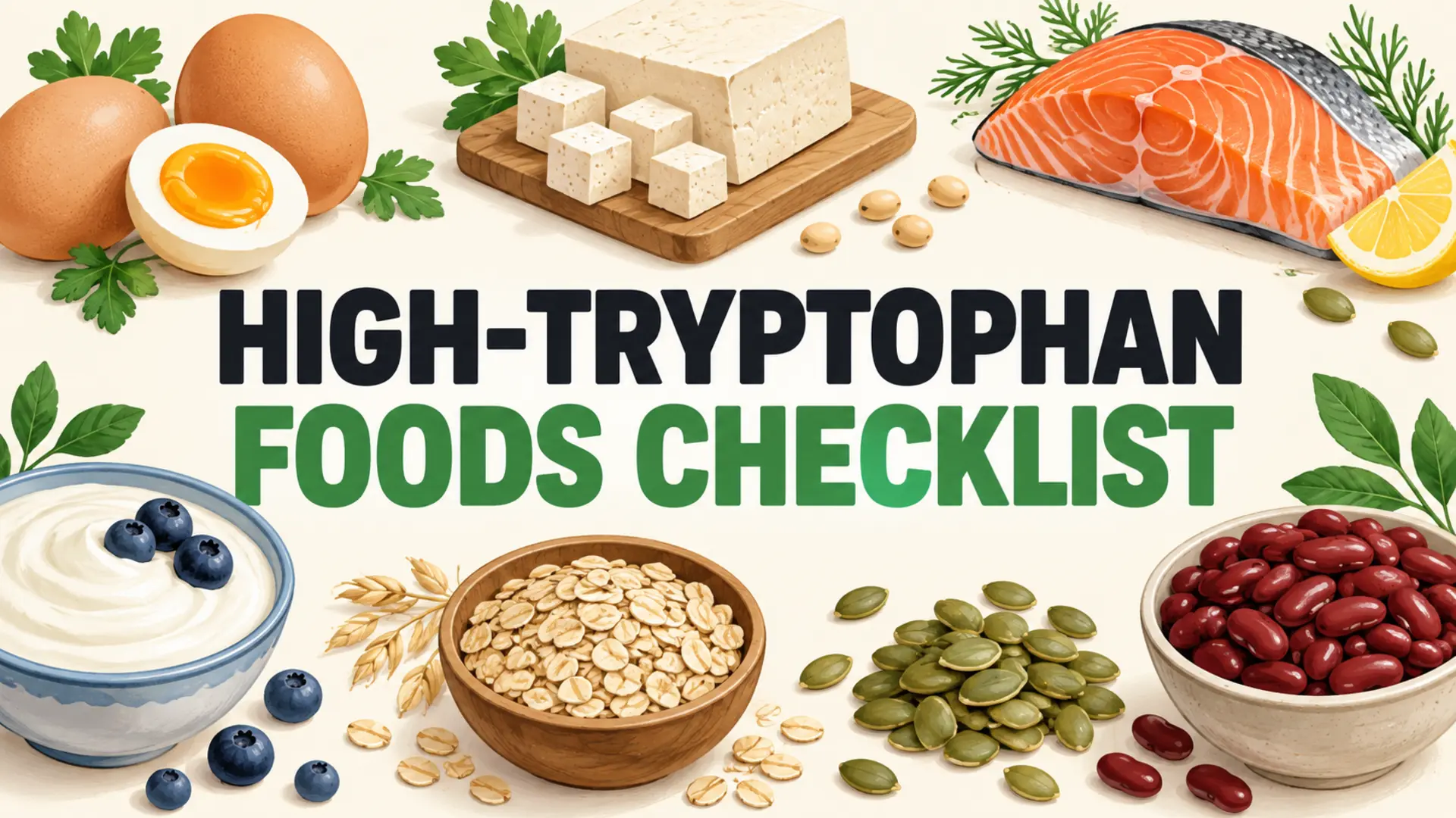 High-tryptophan foods checklist with eggs, tofu, salmon, yogurt, oats, seeds and beans