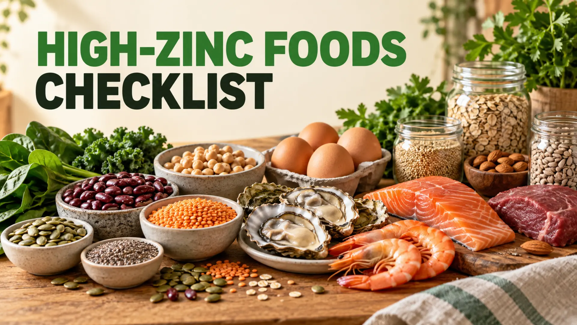 High-zinc foods checklist with beans, seeds, eggs, seafood and whole grains