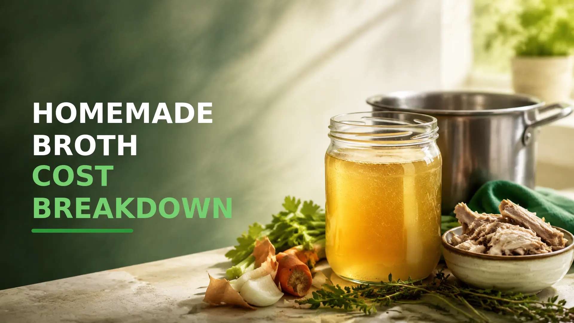 Homemade broth cost breakdown with a jar of golden stock, vegetables, herbs and a stockpot