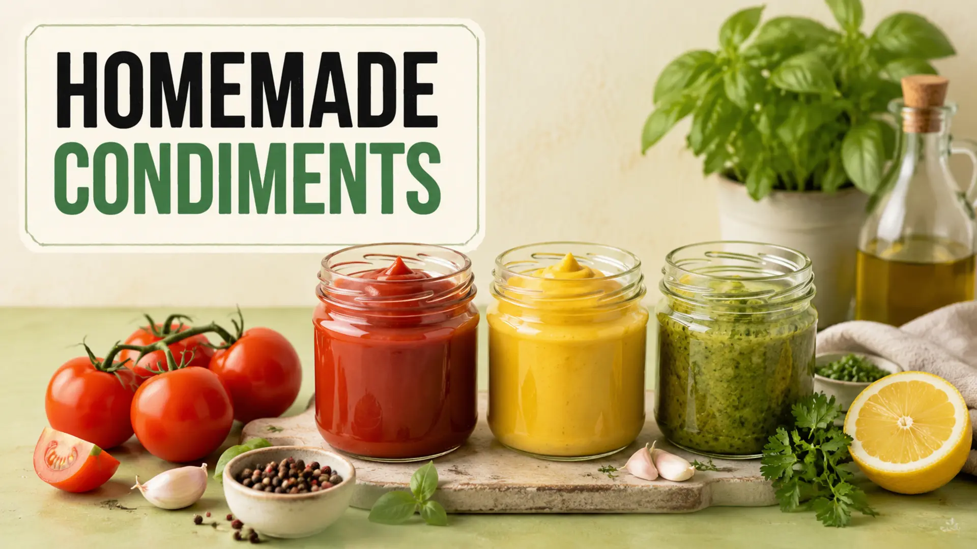 Homemade condiments in glass jars with fresh tomatoes, herbs and lemon