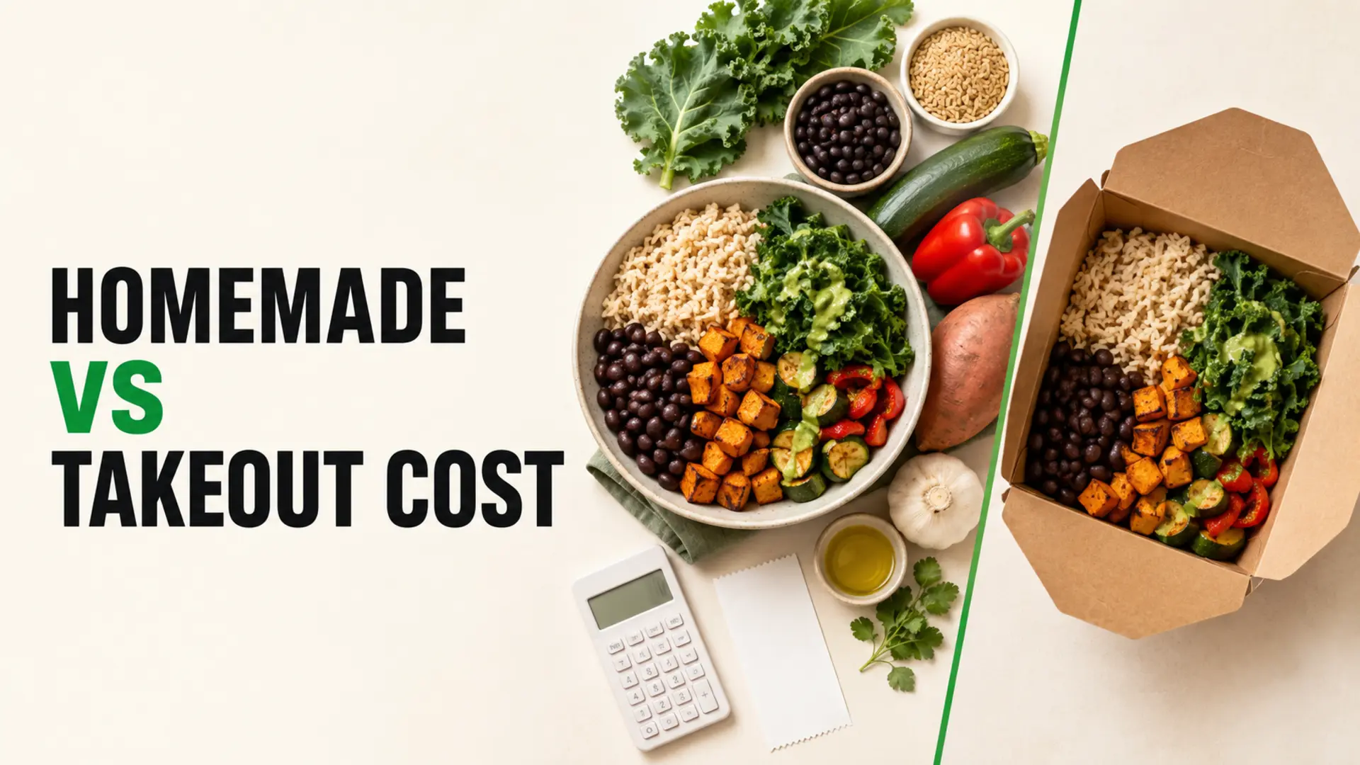 Homemade vs takeout cost comparison with matching grain bowls, grocery ingredients and a calculator