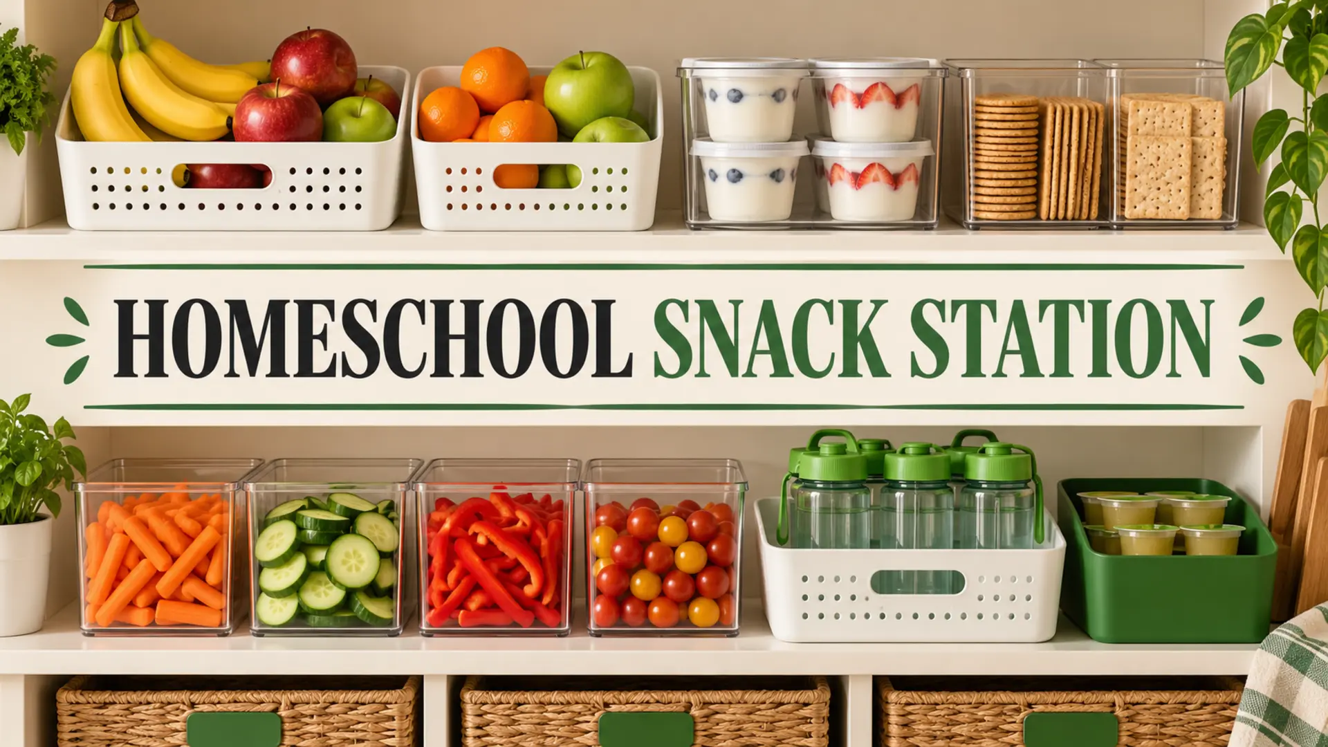 Homeschool snack station with fruit, yogurt, crackers, vegetables and water