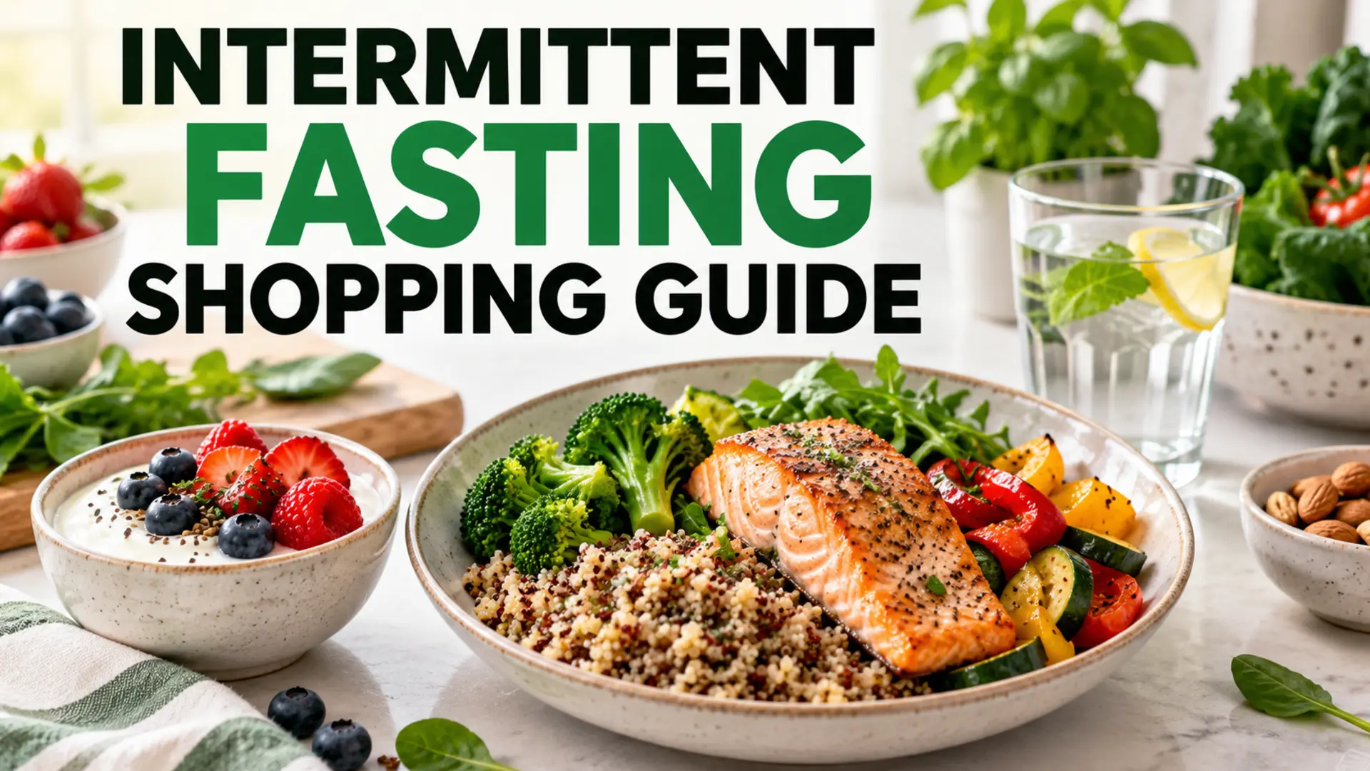 Intermittent fasting shopping guide with a balanced meal, yogurt, berries, nuts and water