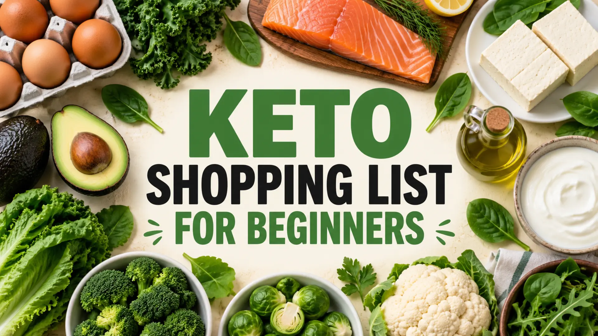 Keto shopping list for beginners with eggs, fish, tofu, vegetables, avocado and yogurt