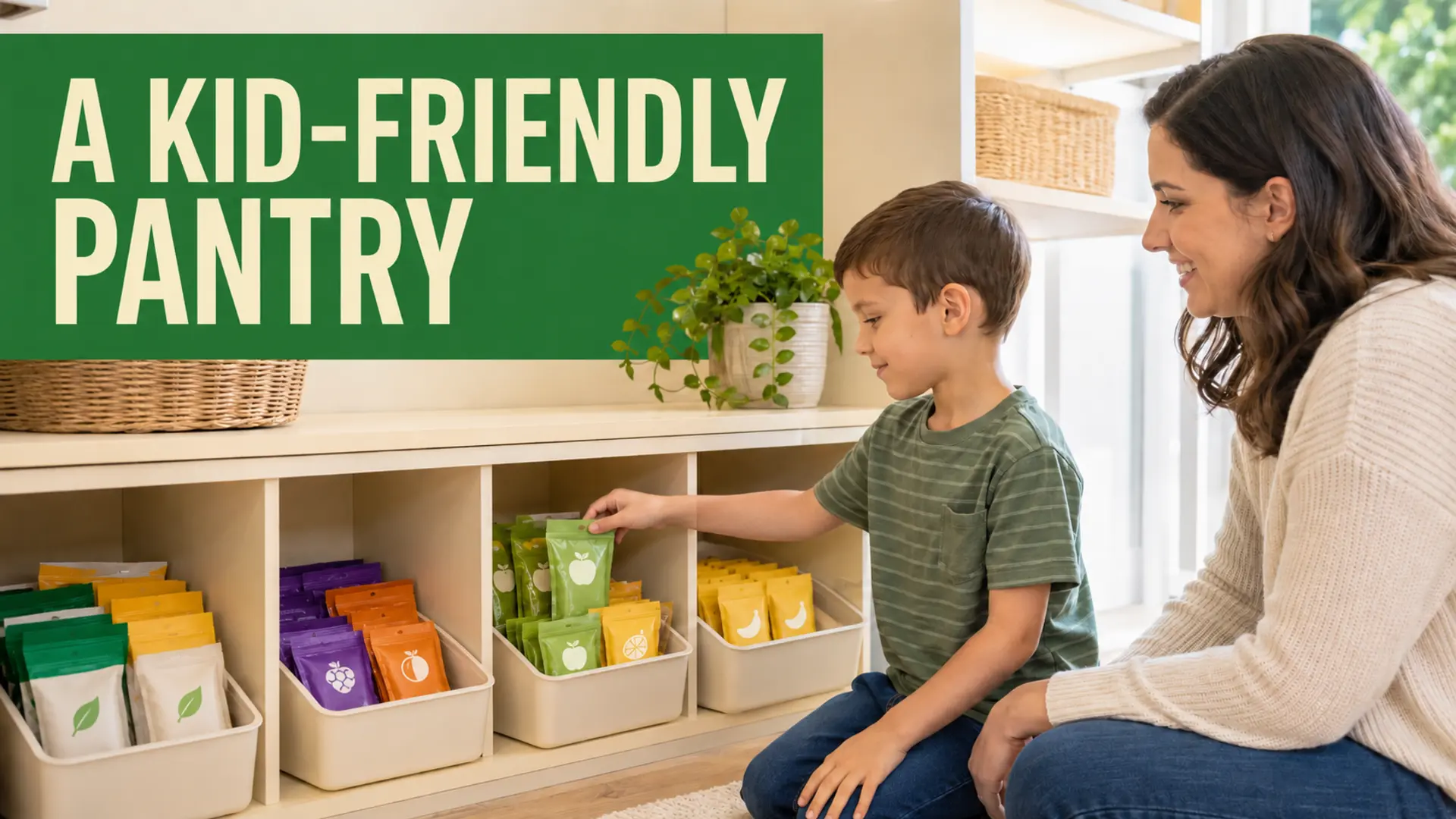 Kid-friendly pantry organization with safe self-serve snack bins on a low shelf