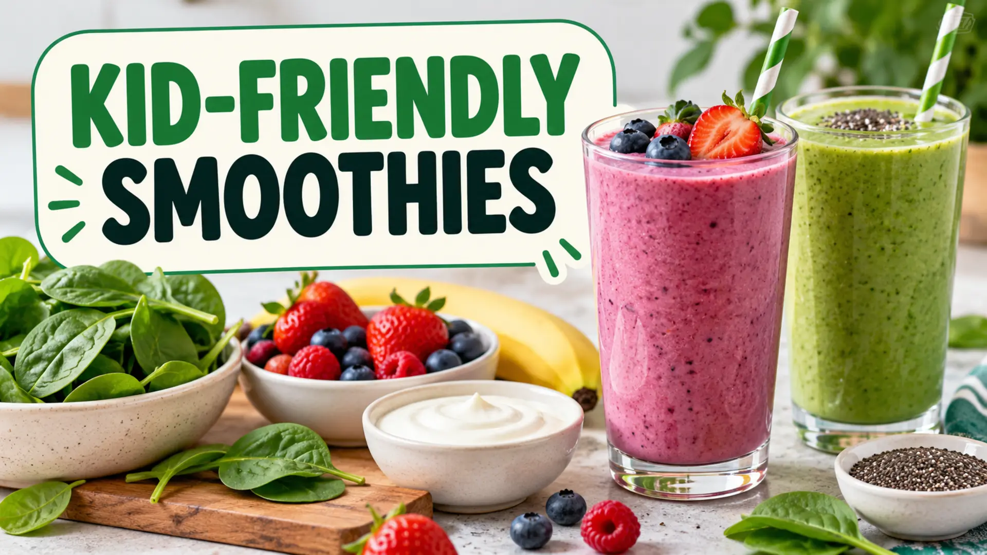 Kid-friendly smoothies with berries, banana, spinach, yogurt and seeds