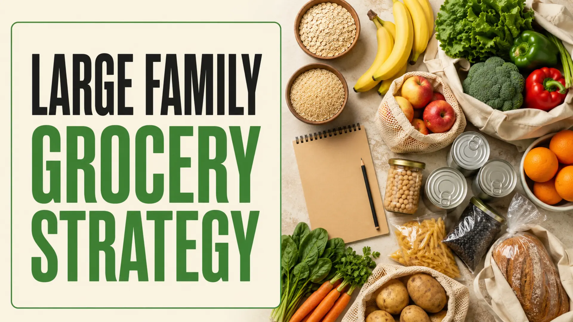 Large family grocery shopping strategy with organized pantry staples and fresh produce