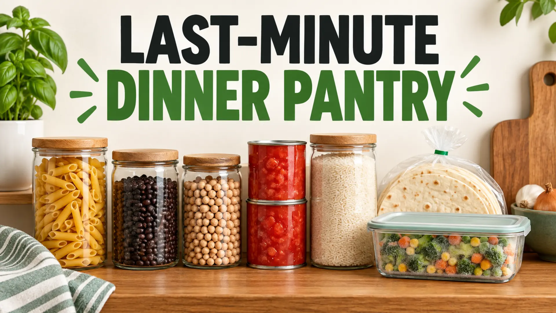 Last-minute dinner pantry with pasta, beans, tomatoes, rice, tortillas and frozen vegetables