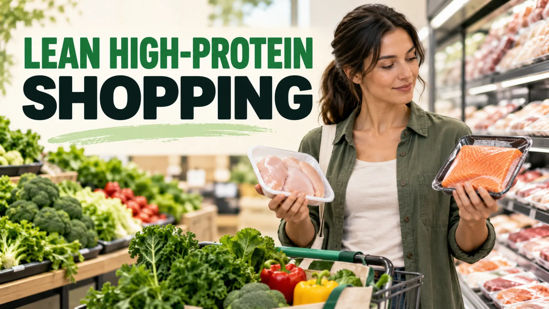 Lean high-protein shopping with fish, poultry and fresh vegetables