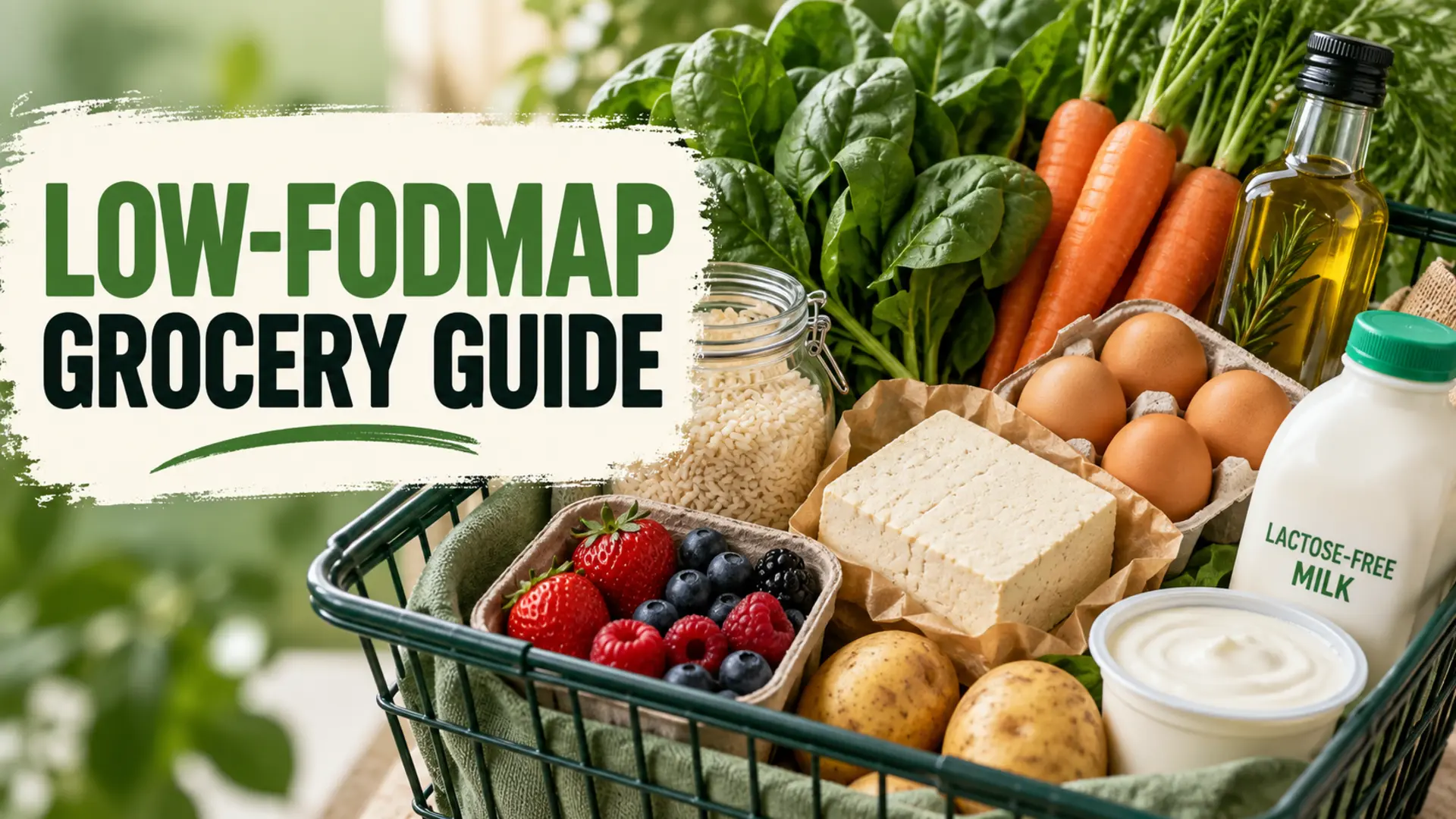 Low-FODMAP grocery guide with rice, eggs, tofu, carrots, spinach, berries, potatoes and lactose-free dairy